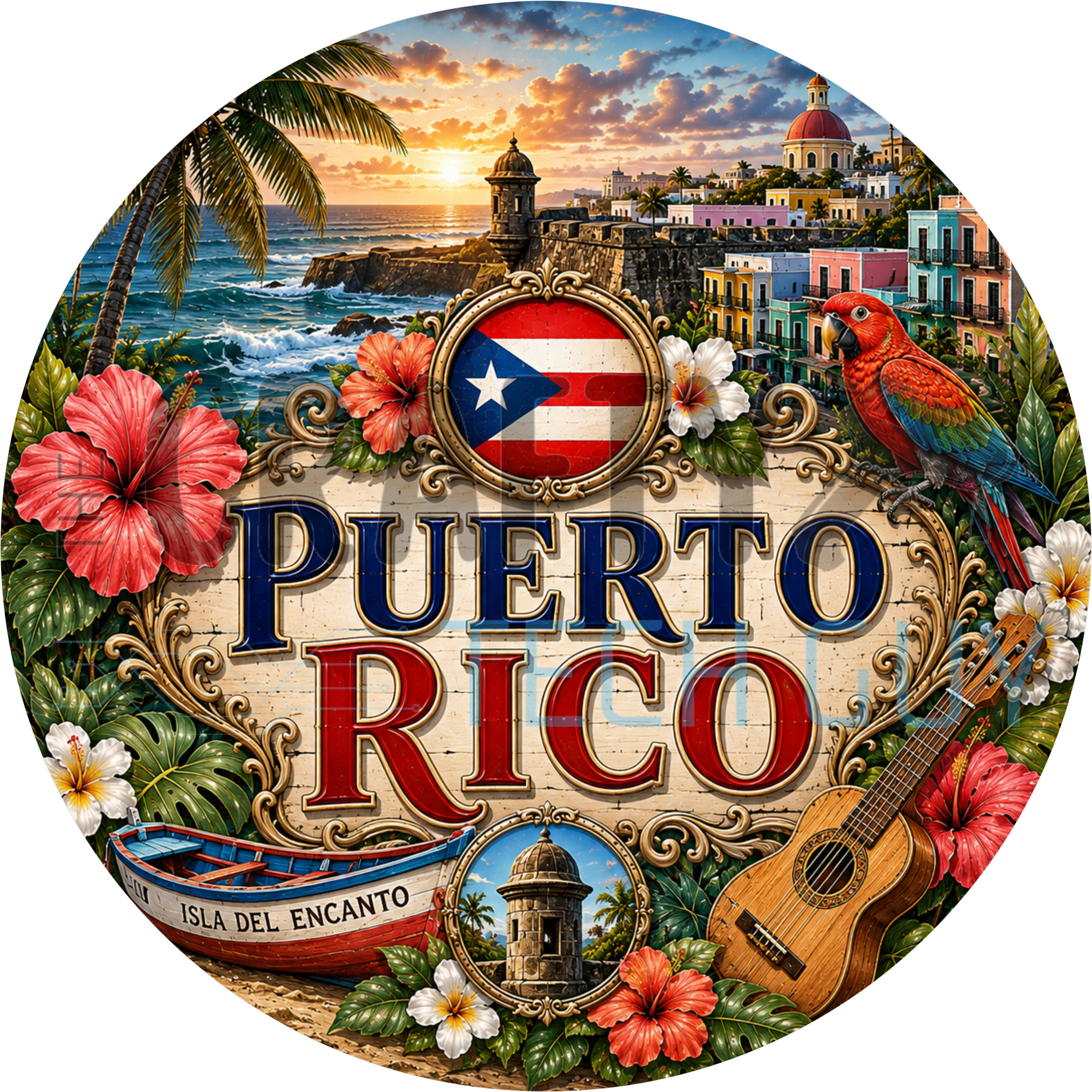Puerto Rico round wreath sign in coated aluminum, showing a San Juan garita sentry box, red hibiscus and Caribbean water