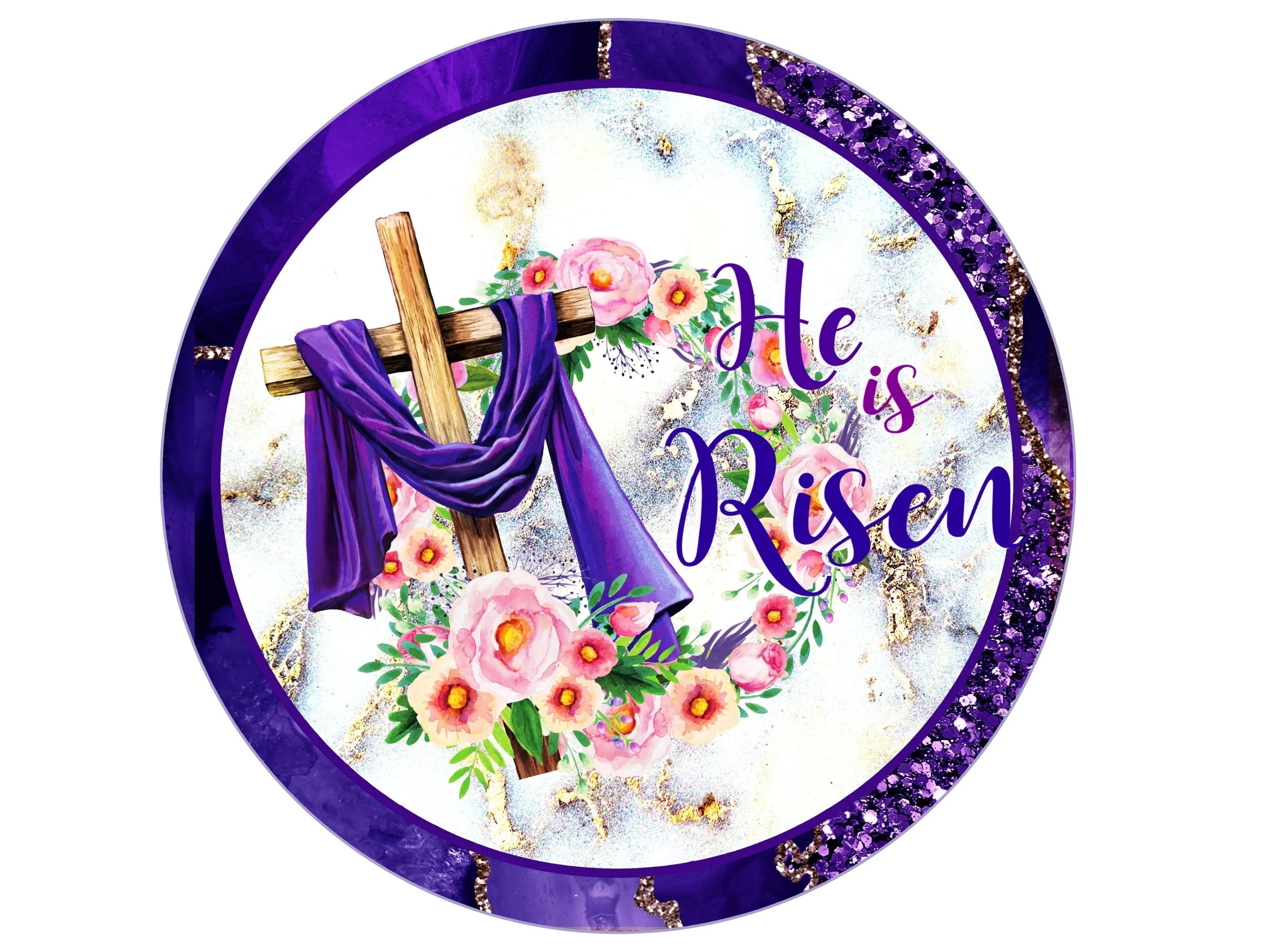 purple and gold Easter He is Risen sign, floral religious wooden cross wreath attachment, purple cloth on cross sign, Easter sign