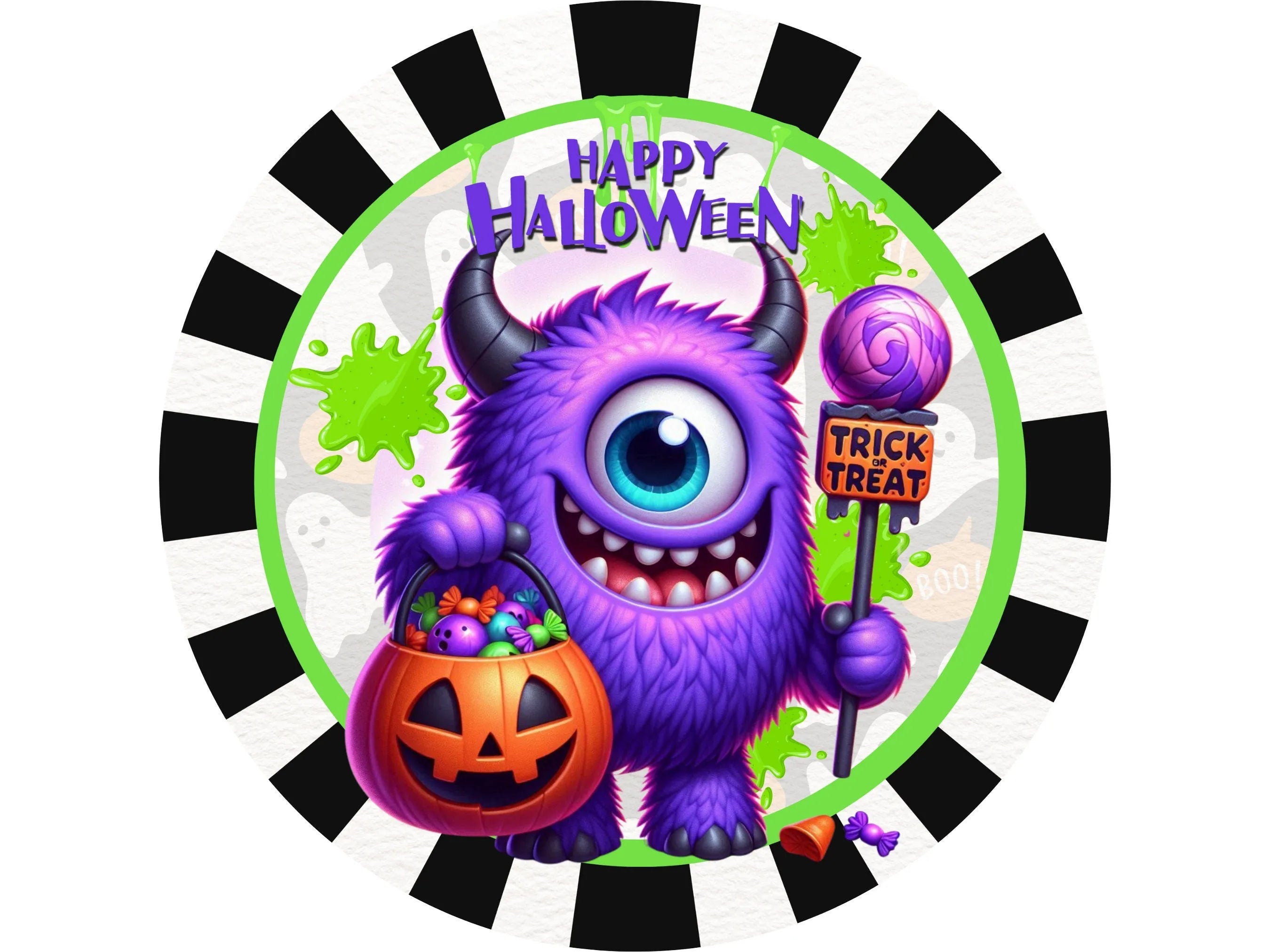 Purple Orange Monster Delight Sign, Halloween Spooky Cheer, Vibrant Monster-Themed Wall Art