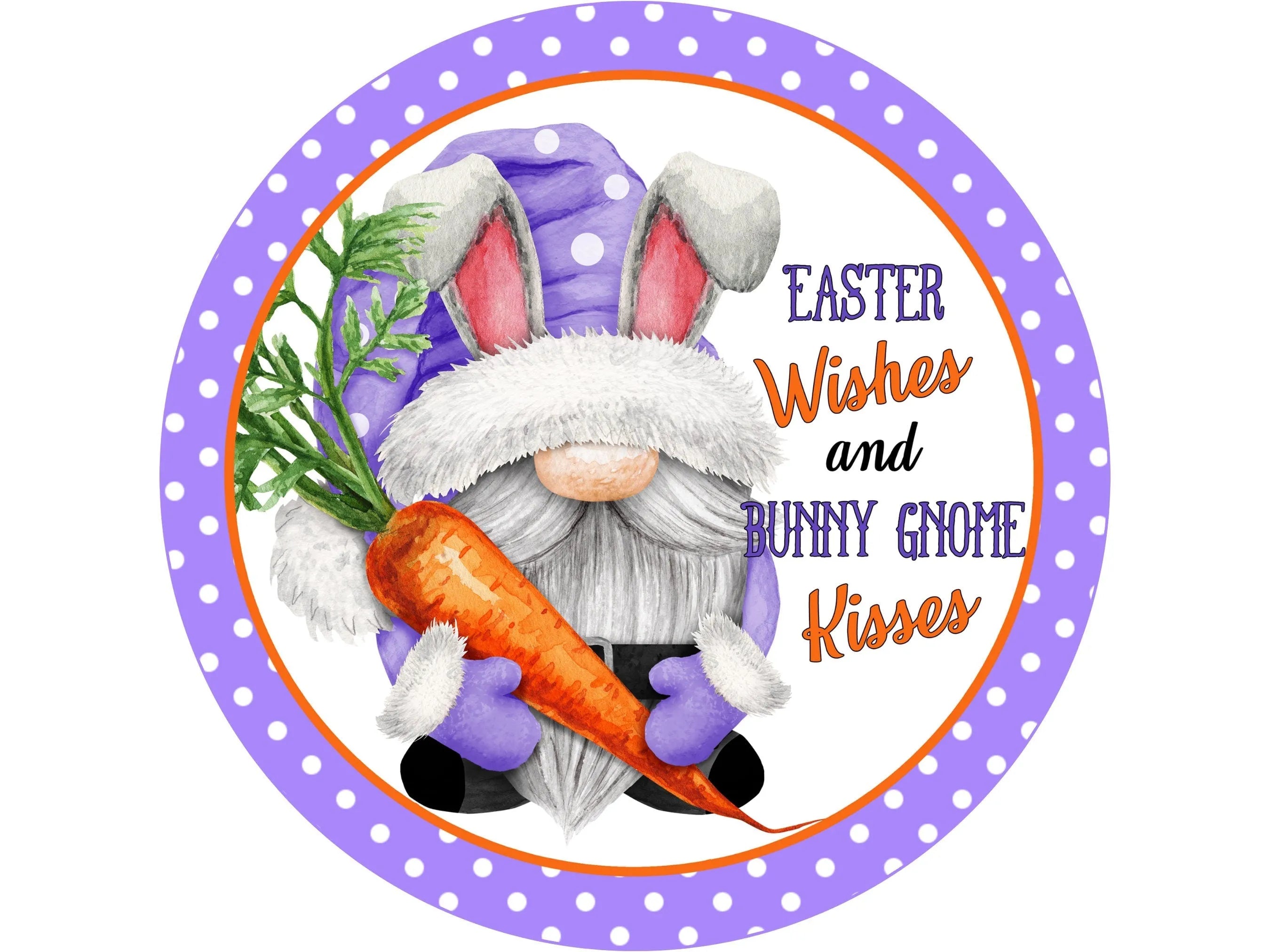 purple polka dot Easter bunny gnome carrot wreath sign, gnome in purple bunny costume wall art