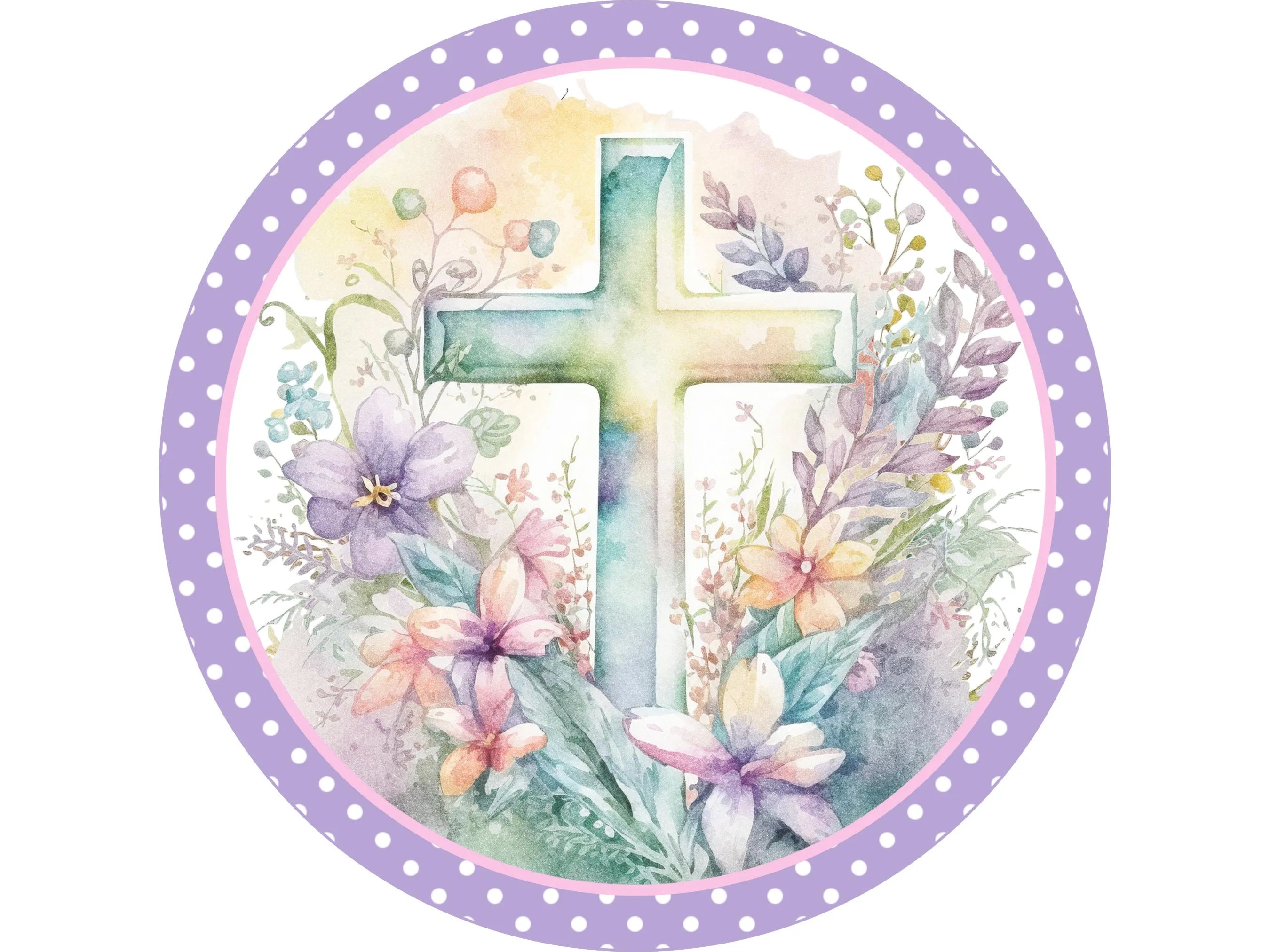 purple polka dot Easter cross wreath sign, religious watercolor floral cross wall art, Christian sign for Easter