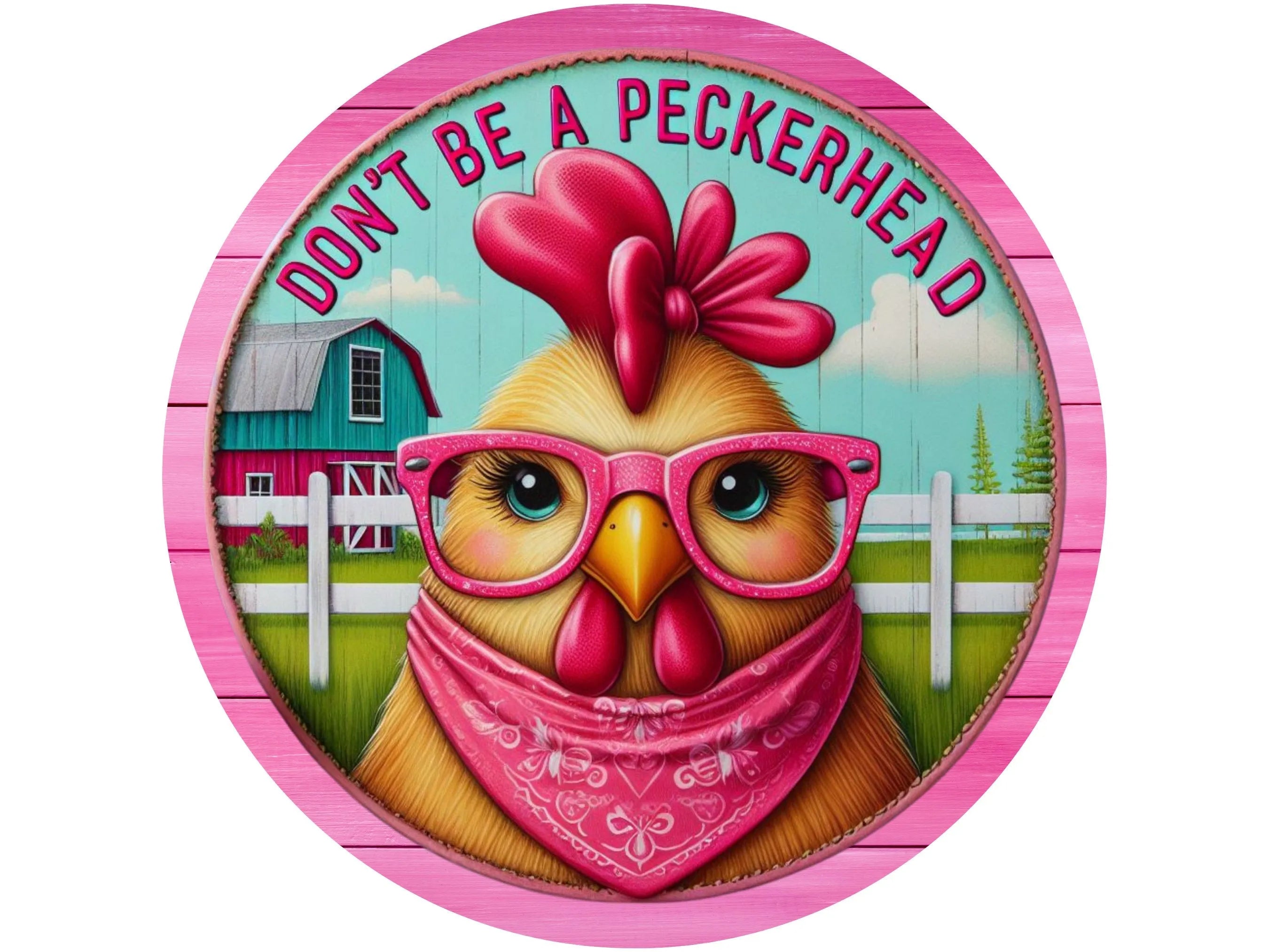 Quirky Chicken Metal Sign, Funny Farmhouse Decor, Cute Pink Bandana Chicken with Glasses, Perfect Barnyard Decor