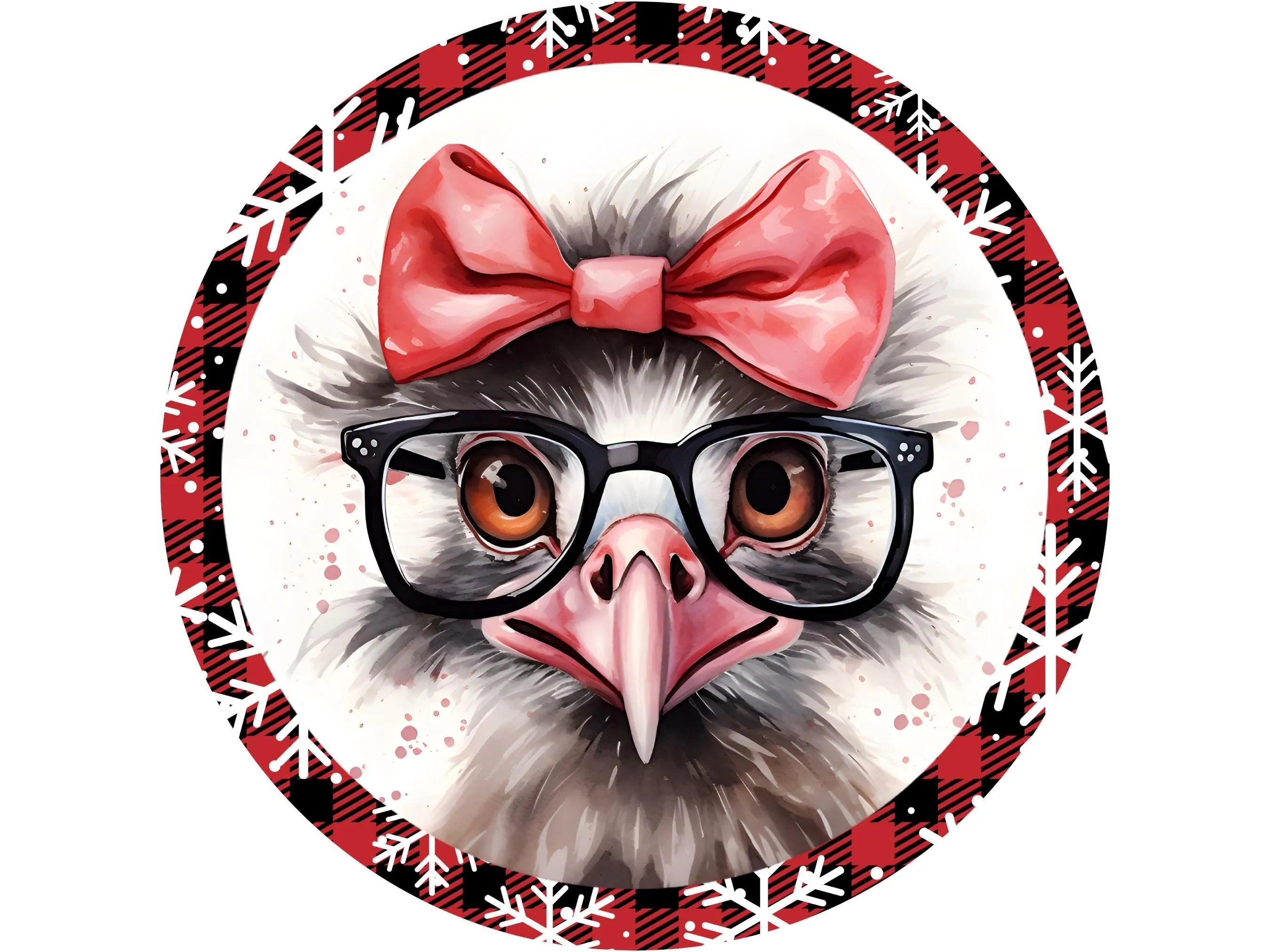 Quirky Ostrich with Glasses Christmas Sign | Funny Holiday Décor | Red Buffalo Plaid Ostrich Wall Art