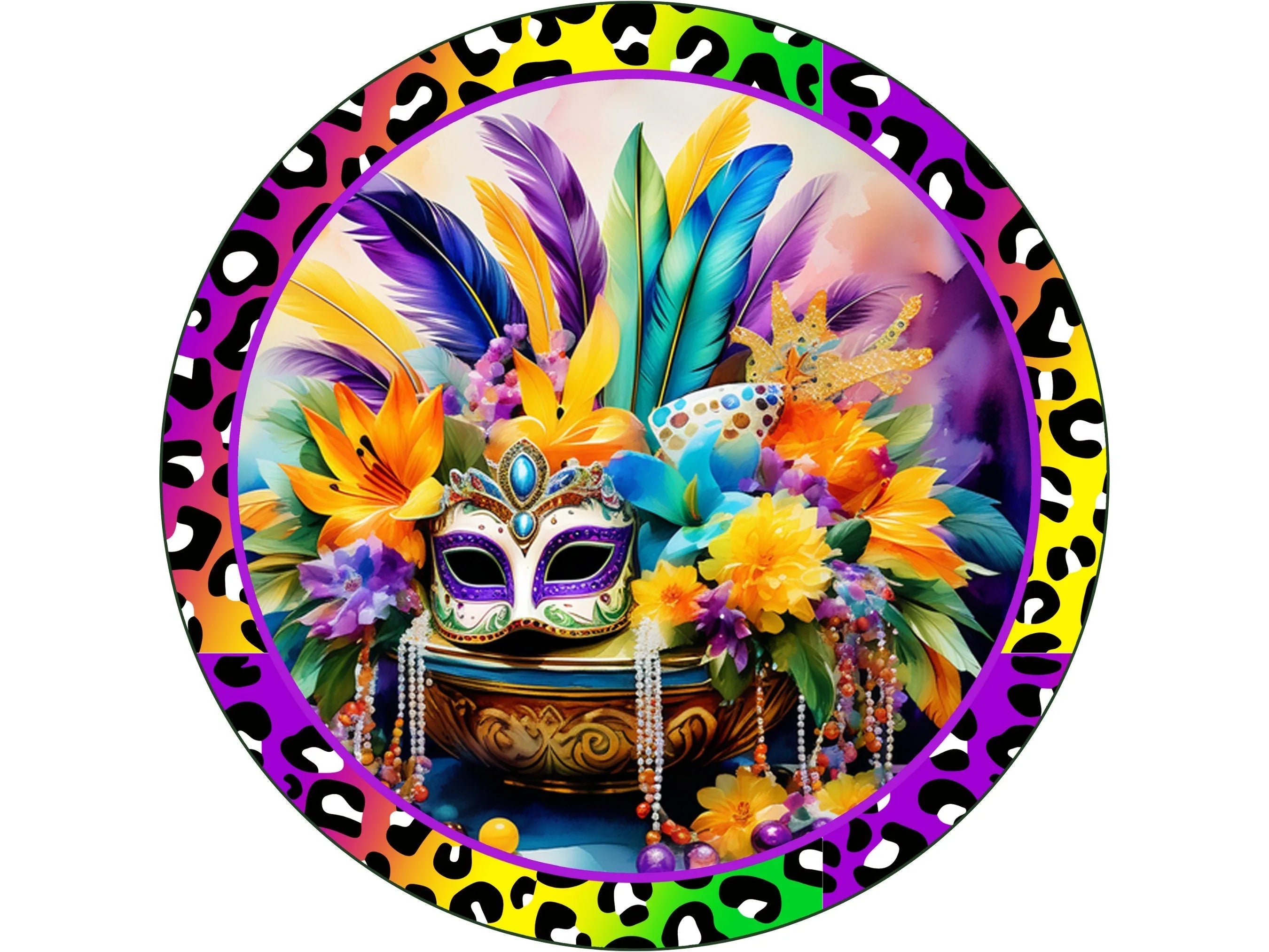 rainbow leopard print Mardi Gras party mask with feather wreath sign, jazz festival wall decor