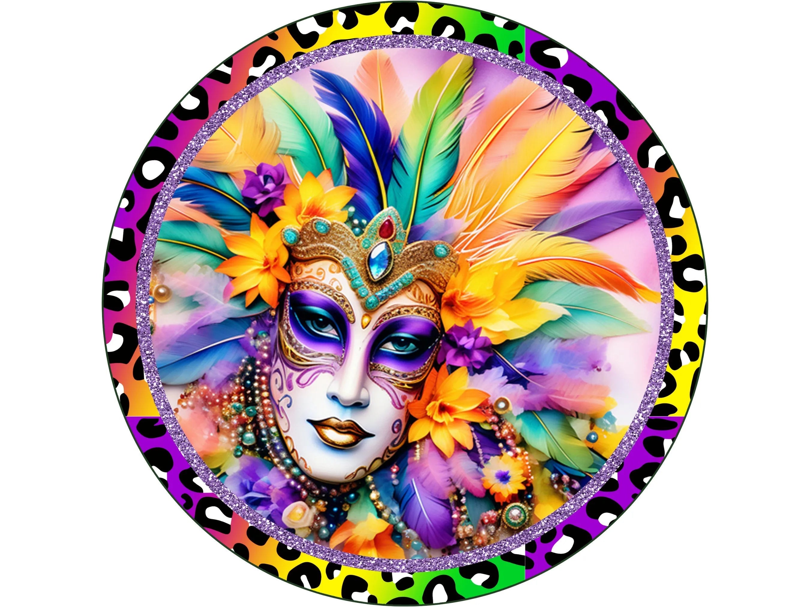 rainbow leopard print person with feathered Mardi Gras party mask wreath sign, jazz festival wall decoration, Louisiana parade decoration