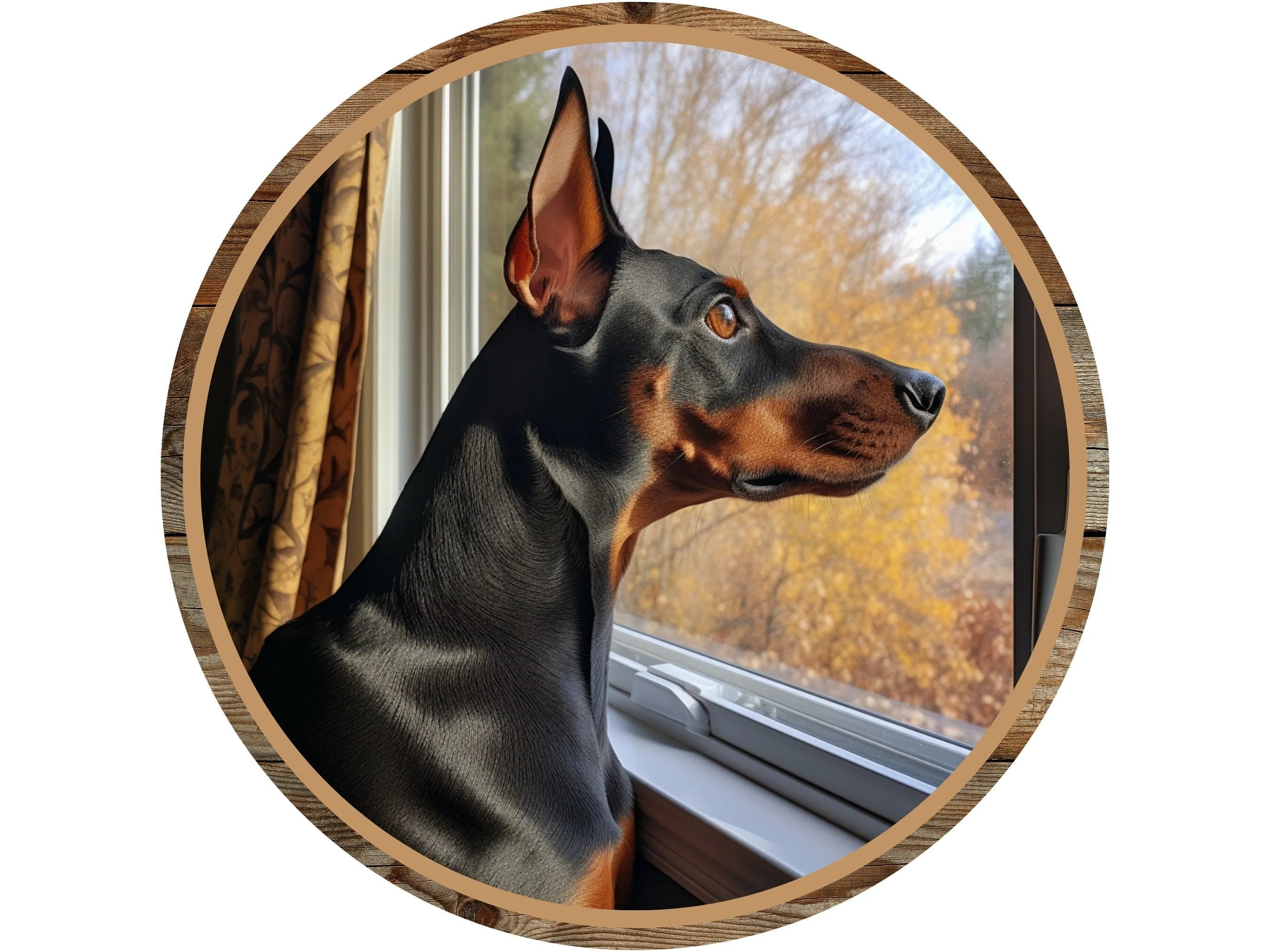 realistic Doberman Pincher dog looking out window wreath sign, sign for dog lover, family dog staring out window