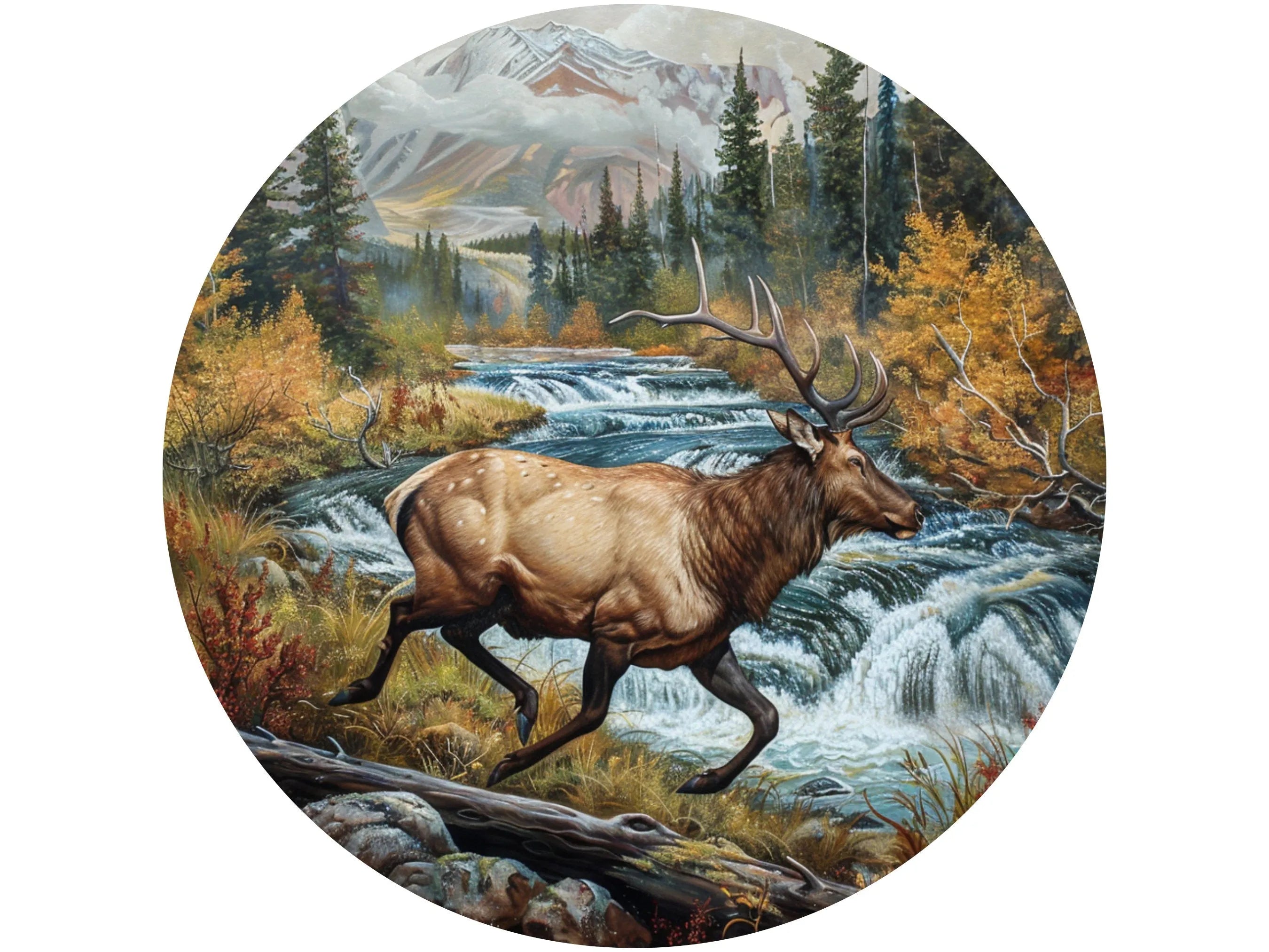 realistic elk buck running along side a raging river metal wreath sign, strong male elk woodland wreath attachment