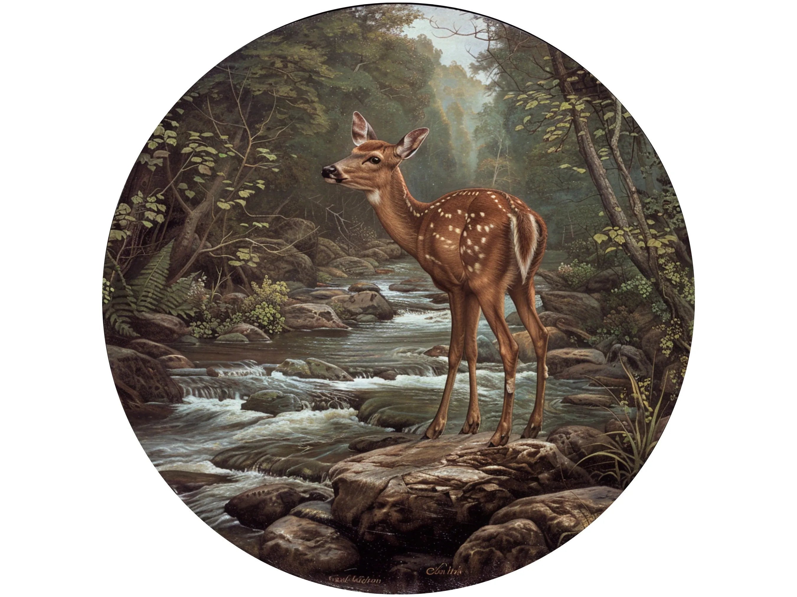 realistic female deer standing on a rock in a river metal wreath sign, white spotted doe surrounded by forest and water wreath attachment