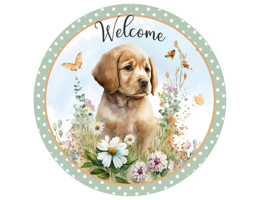 realistic puppy dog in a meadow with flowers and butterflies wreath sign, gift for dog lover, puppy sign, dog sign, puppy dog sign