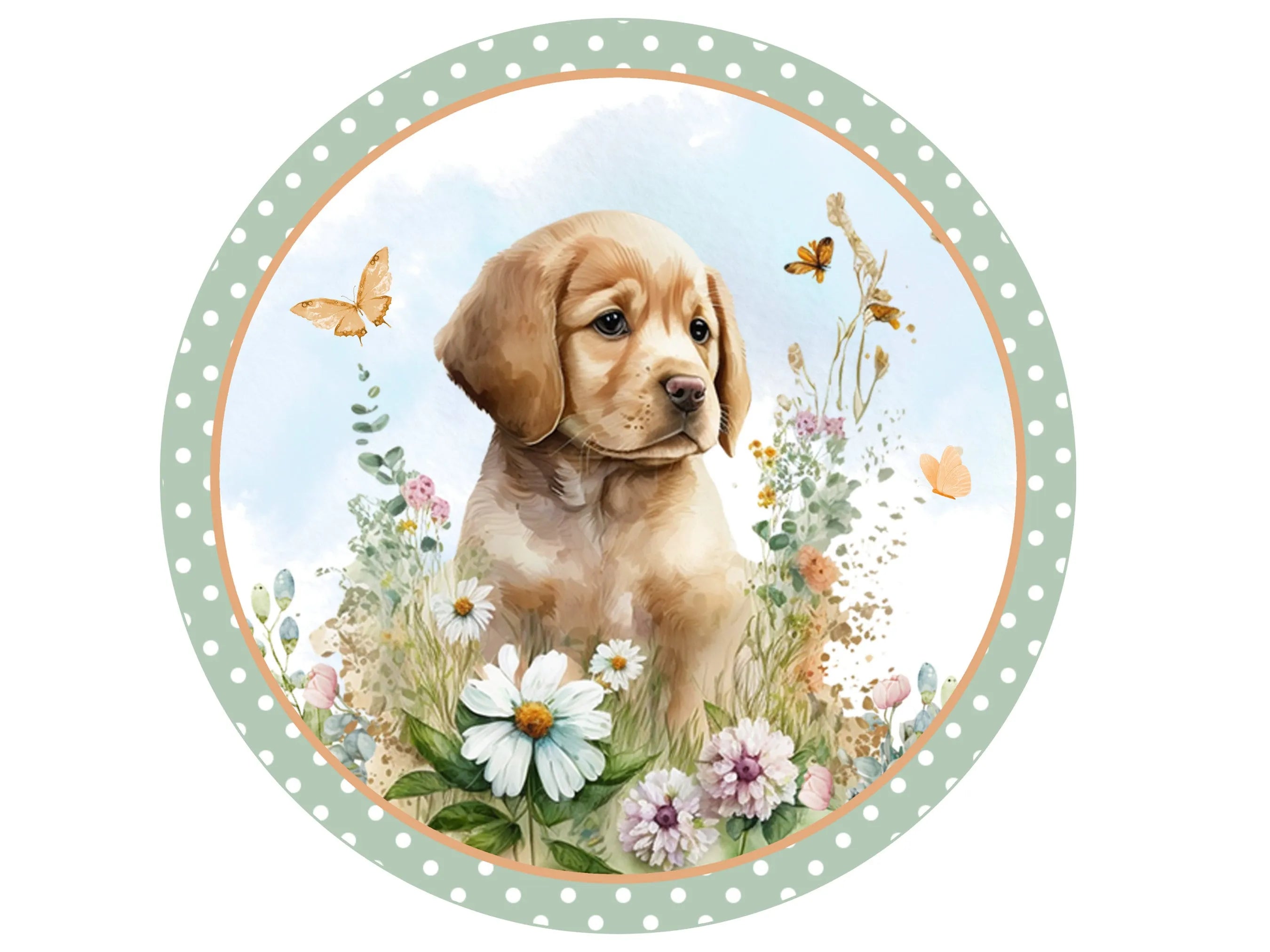 realistic puppy dog in a meadow with flowers and butterflies wreath sign, gift for dog lover, puppy sign, dog sign, puppy dog sign