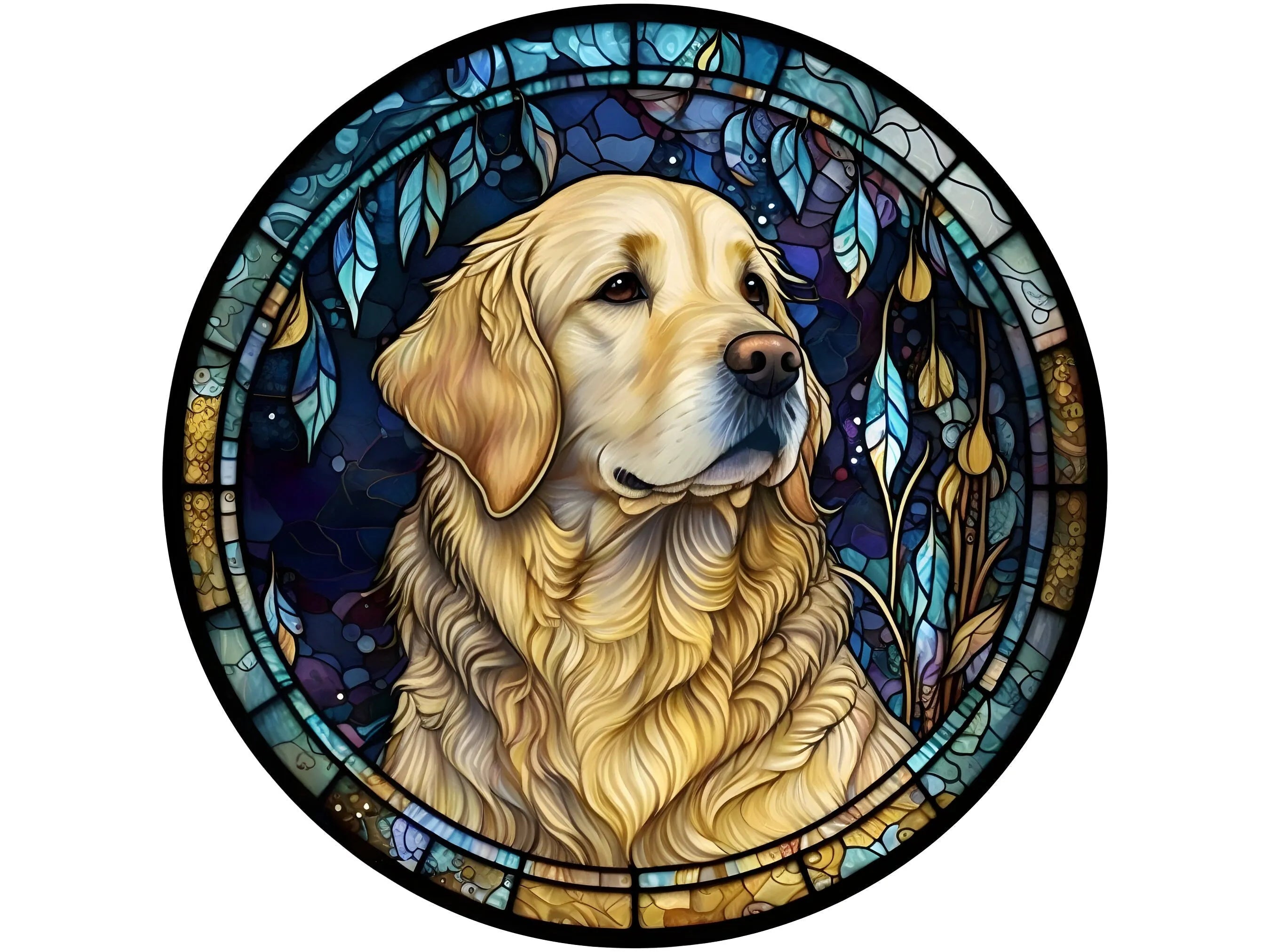 realistic stained glass golden retriever wreath sign, dog sign