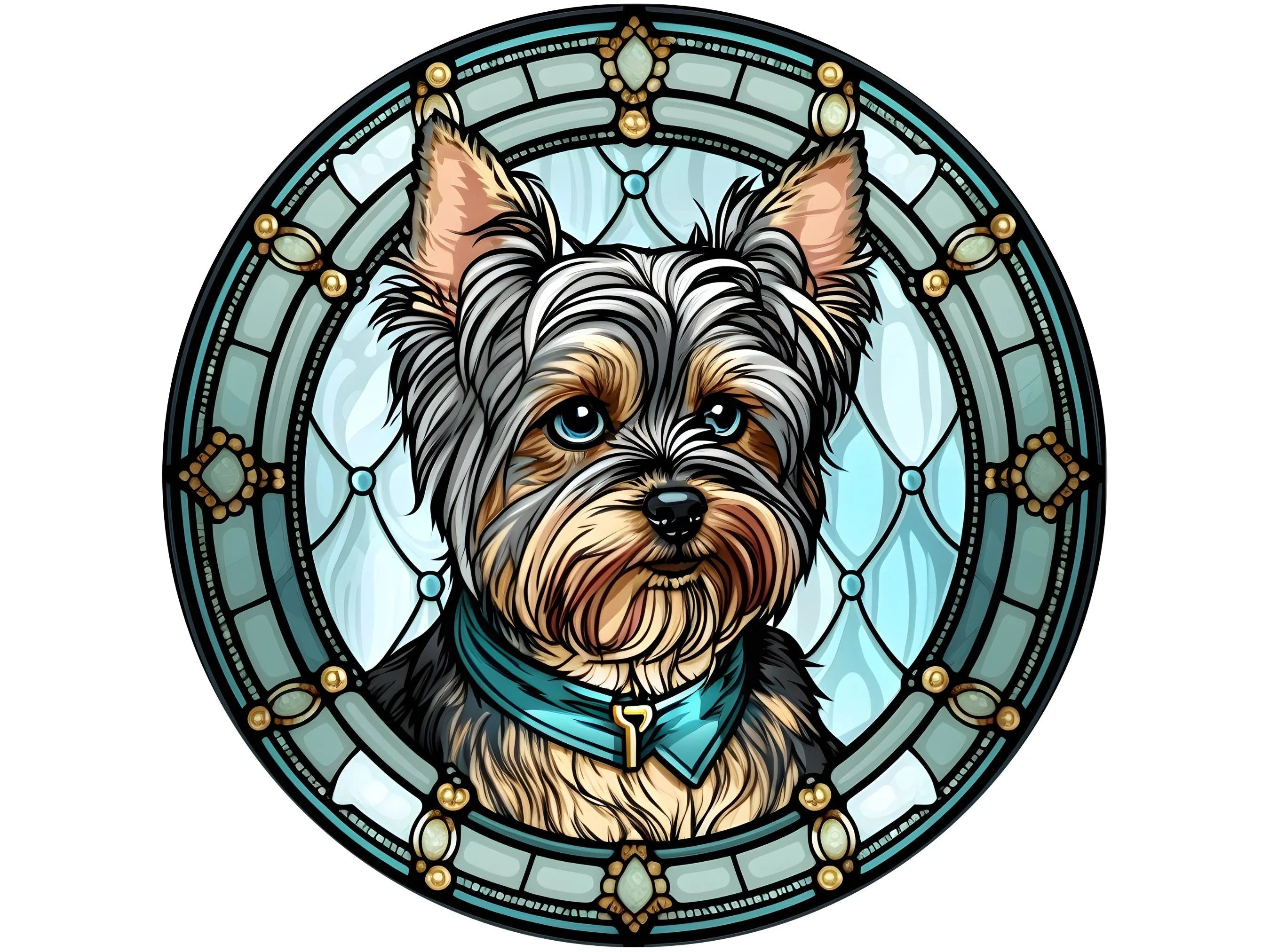 realistic stained glass Yorkshire Terrier wreath sign, yorkie sign, dog sign