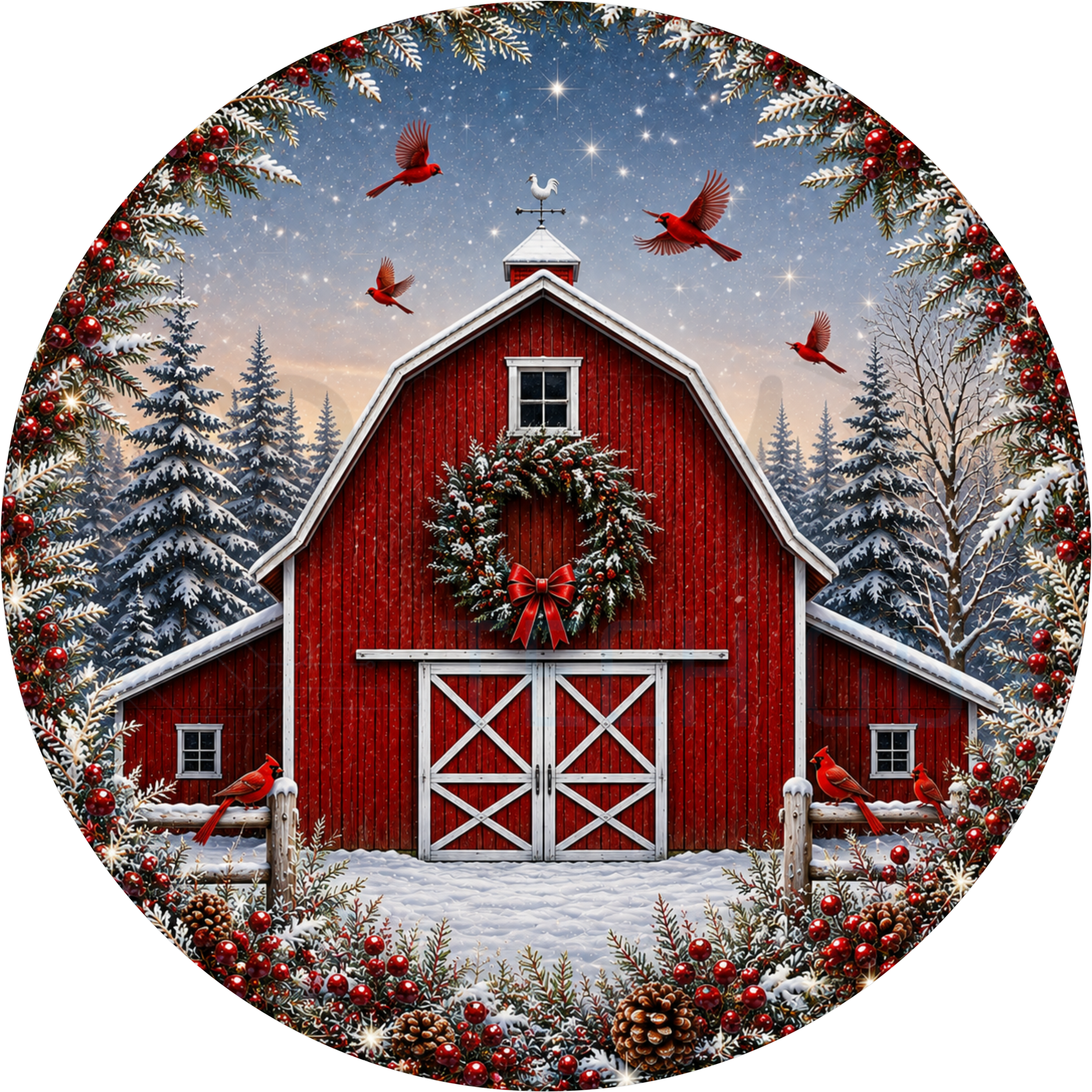 Red barn Christmas round wreath sign with an evergreen wreath on the door, cardinals flying, snowy pines and red ornaments