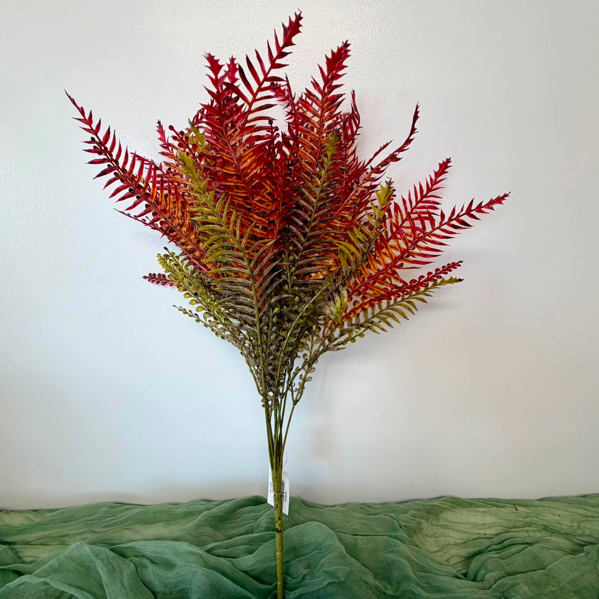 23 Inch Red and Olive Mixed Artificial Fern Bush with 12 Stems for Fall Wreaths