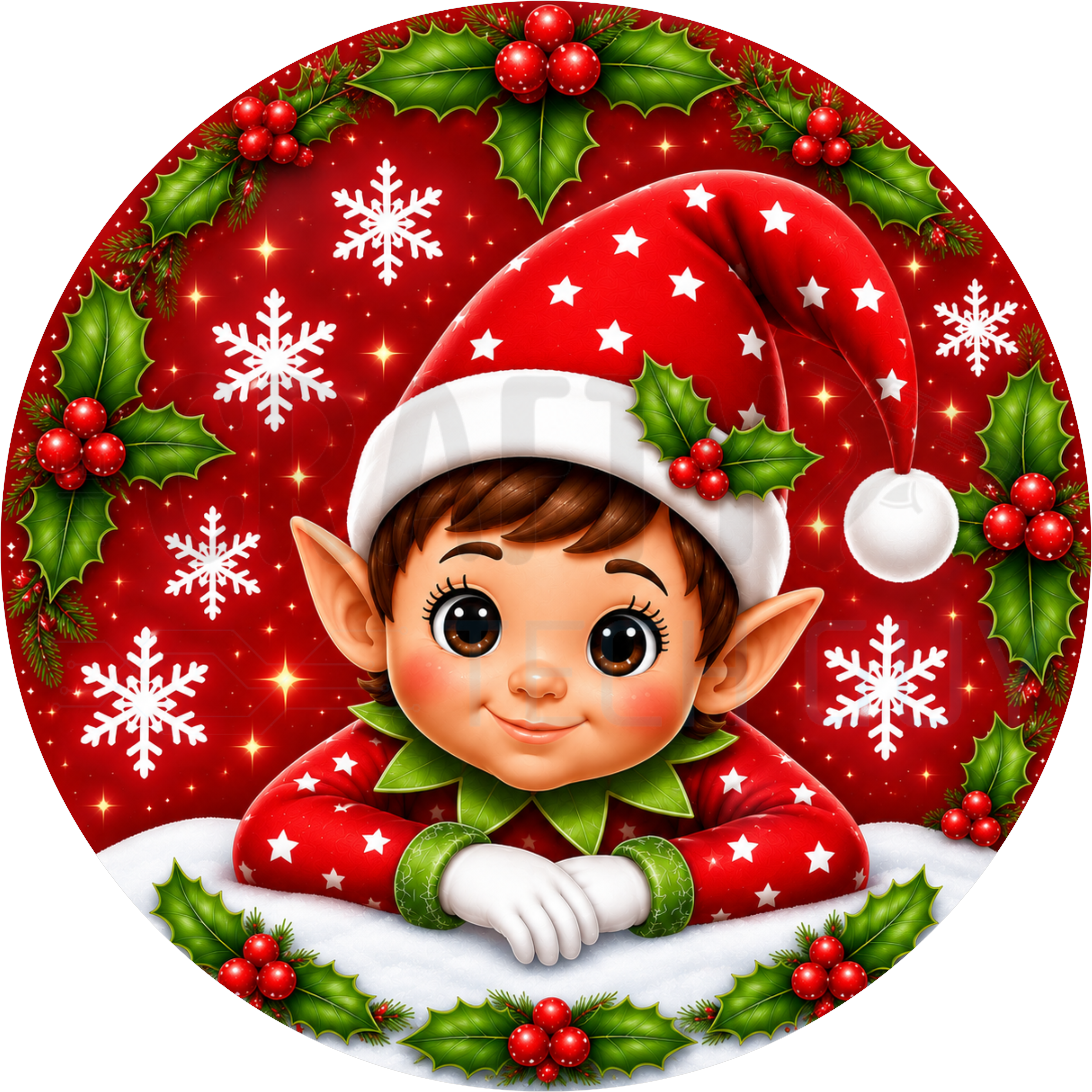 Christmas round wreath sign in coated aluminum, showing a retro elf in a red star hat in the snow with holly, berries and snowflakes on red