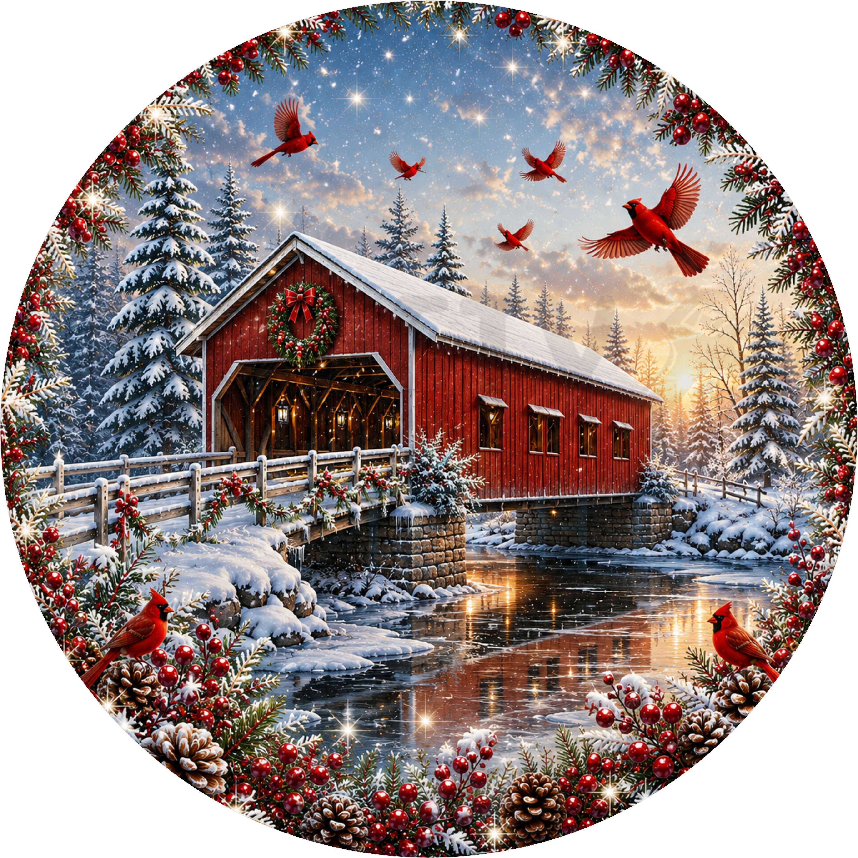 Red covered bridge Christmas round wreath sign over a frozen creek with cardinals in flight, snowy pines and an evergreen wreath