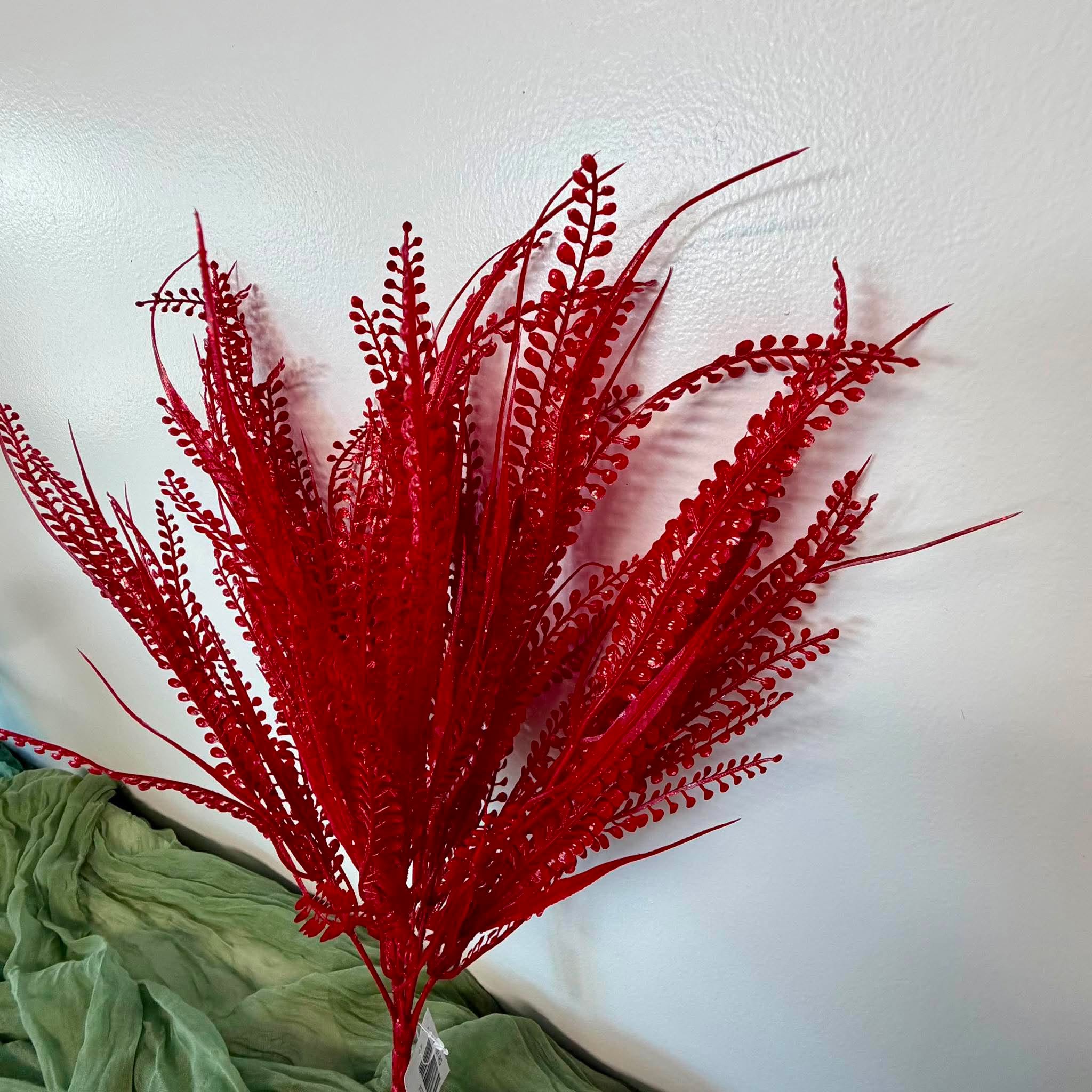 Angled View of Red Artificial Fern Bush with Bead Grass for Wreath Making