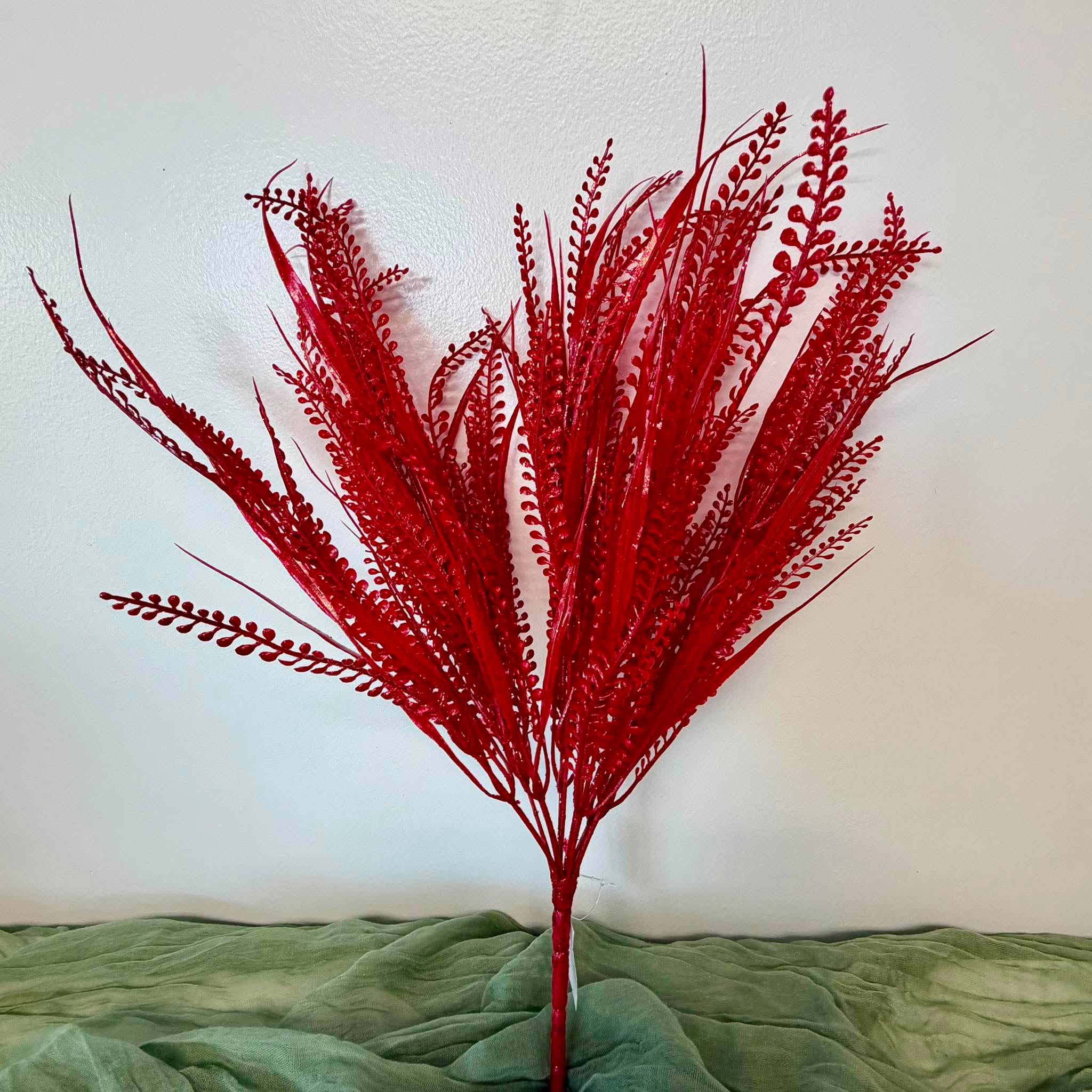 20 Inch Red Artificial Fern Bush with Bead Grass Sprigs for Christmas Wreaths