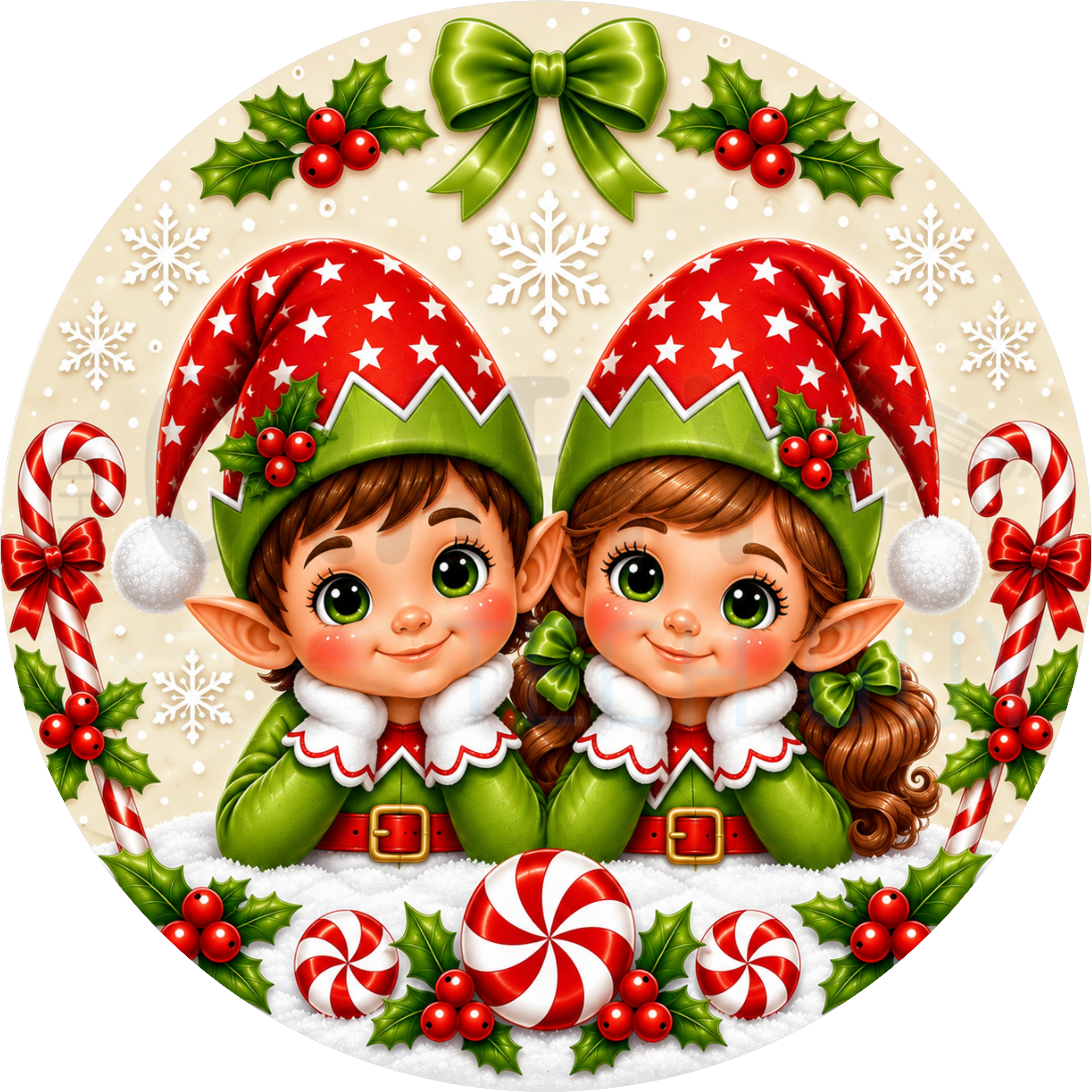 Christmas round wreath sign in coated aluminum, showing two retro elves in red star hats and green tunics with peppermints and candy canes on cream