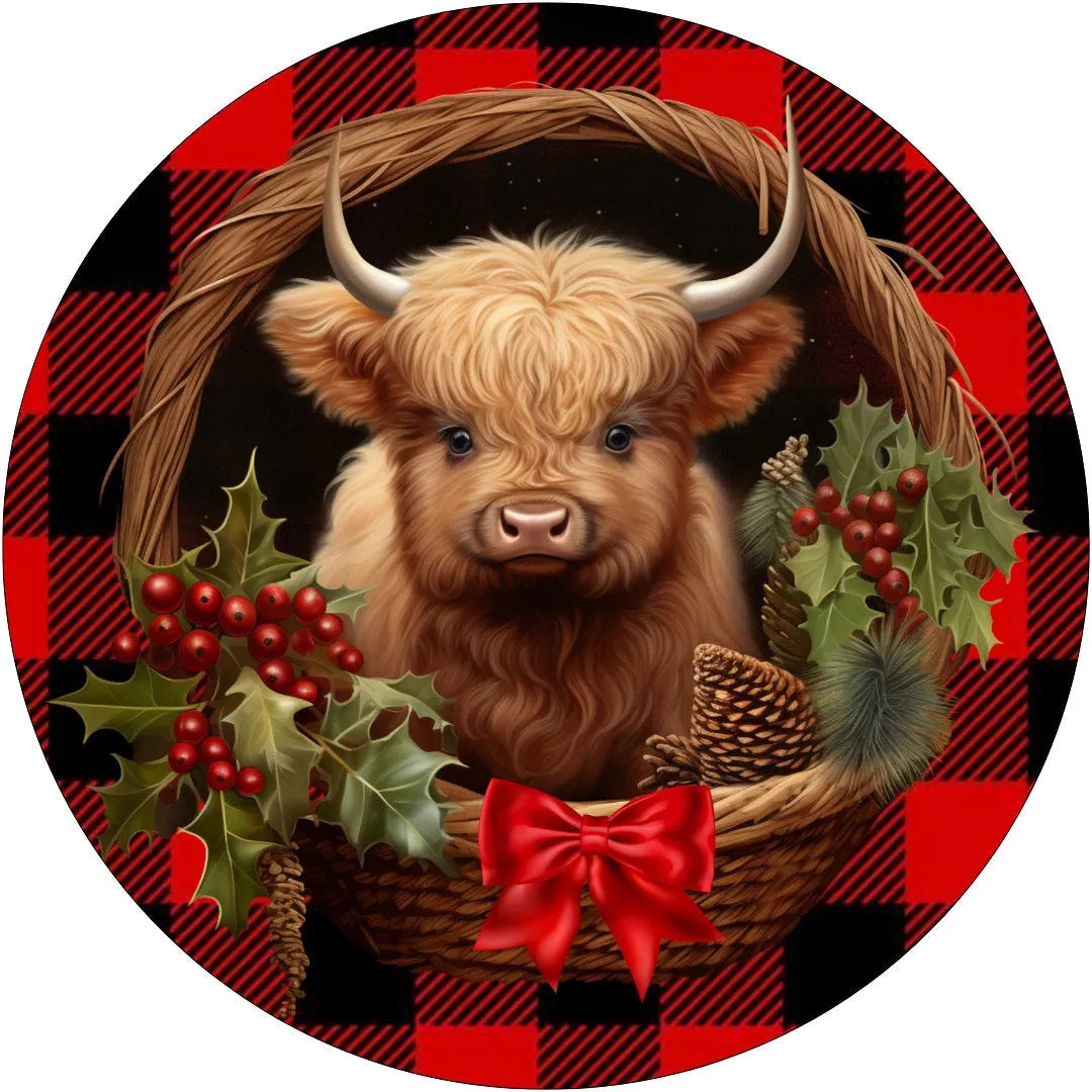 Red and Black Buffalo Check Baby Highland Sign, Christmas Highland Cow Decor, Rustic Holiday Wall Art, Farmhouse Christmas Decoration