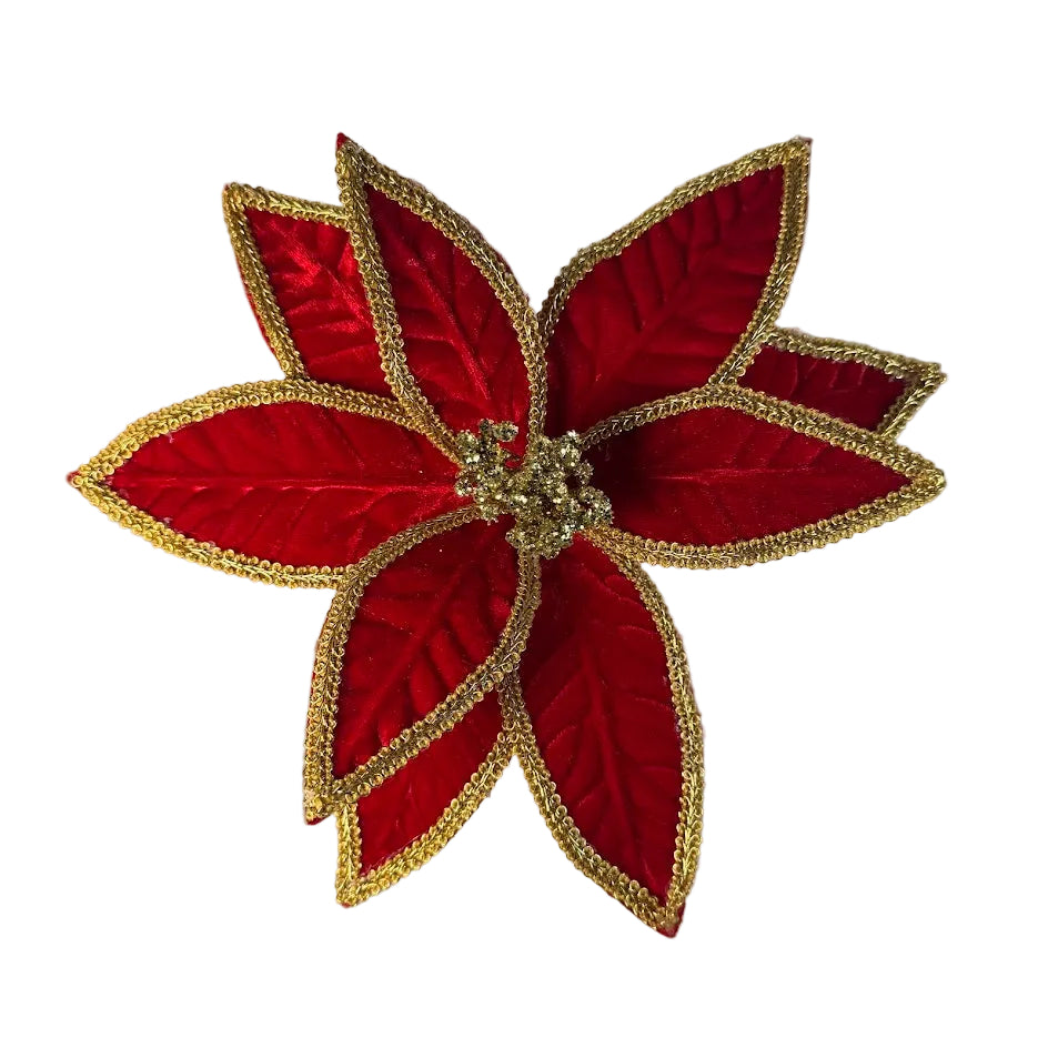 22 Inch Red Velvet Poinsettia with Gold Braid Trim and Gold Glitter Berry Center