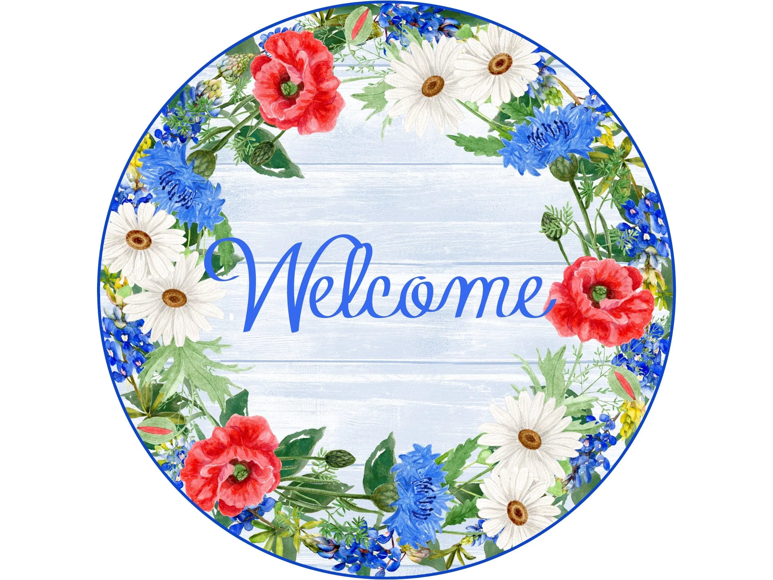 red, white and blue floral border farmhouse welcome wreath sign, patriotic floral sign for front porch