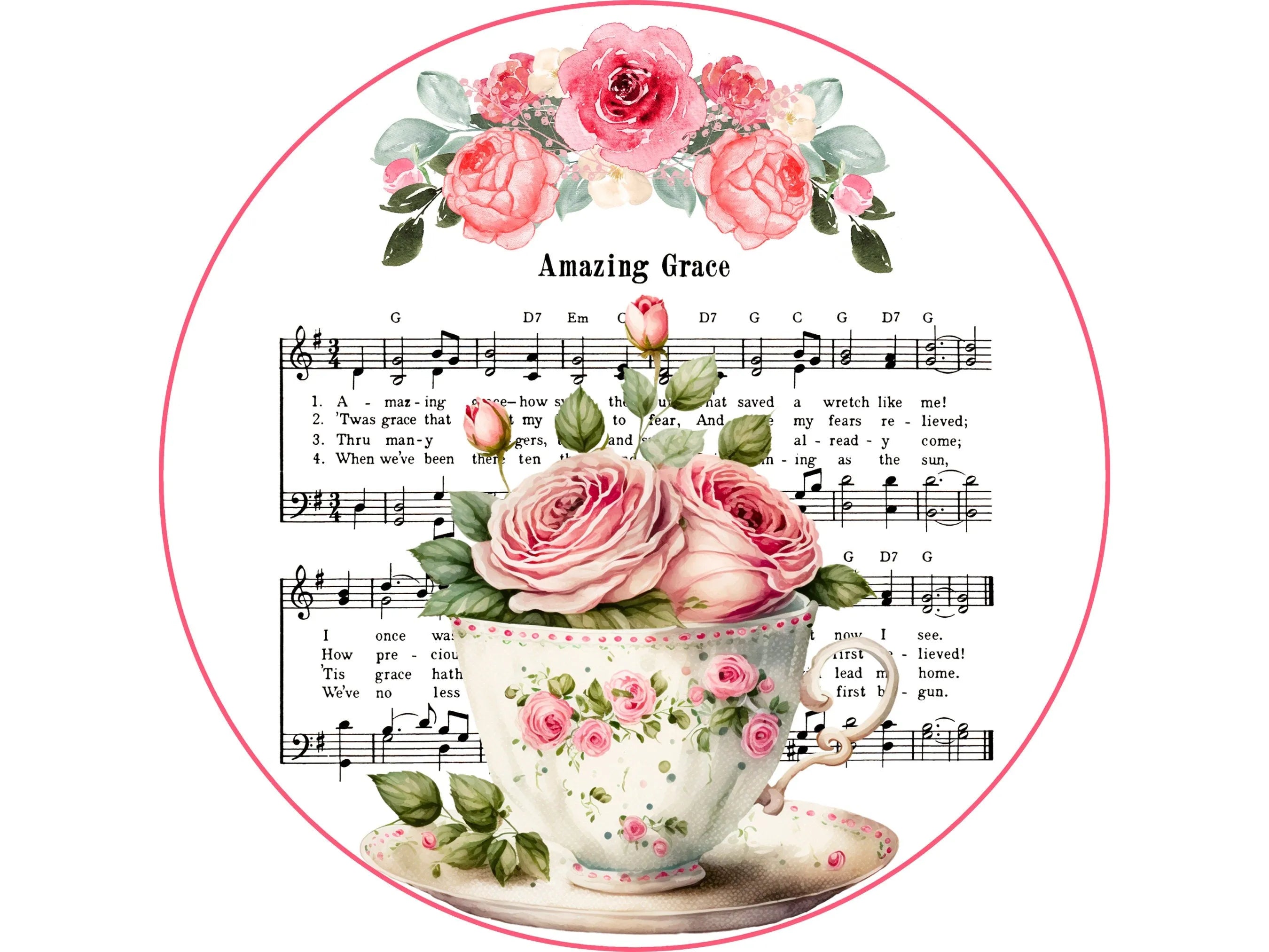 religious pink roses Amazing Grace wreath sign, pink flowers in a tea cup song wreath attachment, church spiritual hymnal song sign