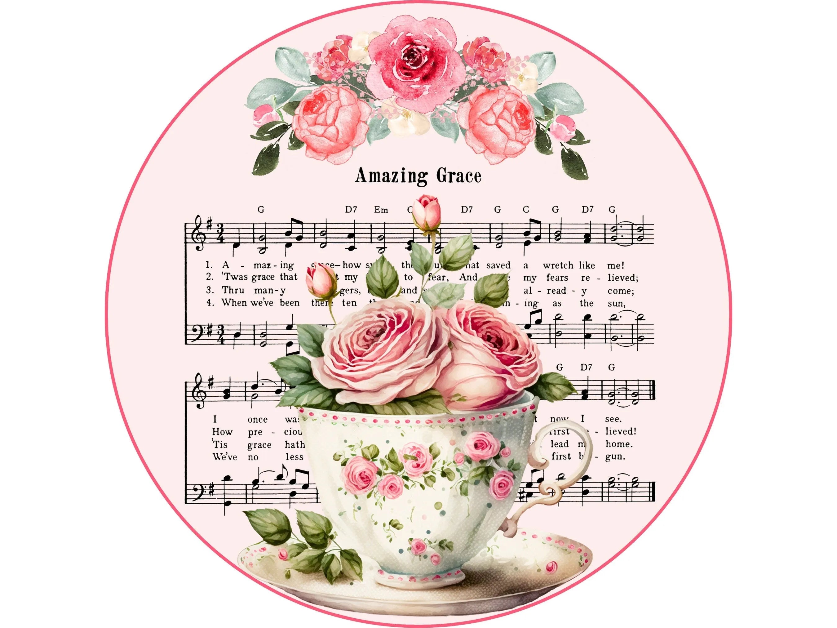 religious pink roses Amazing Grace wreath sign, pink flowers in a tea cup song wreath attachment, church spiritual hymnal song sign