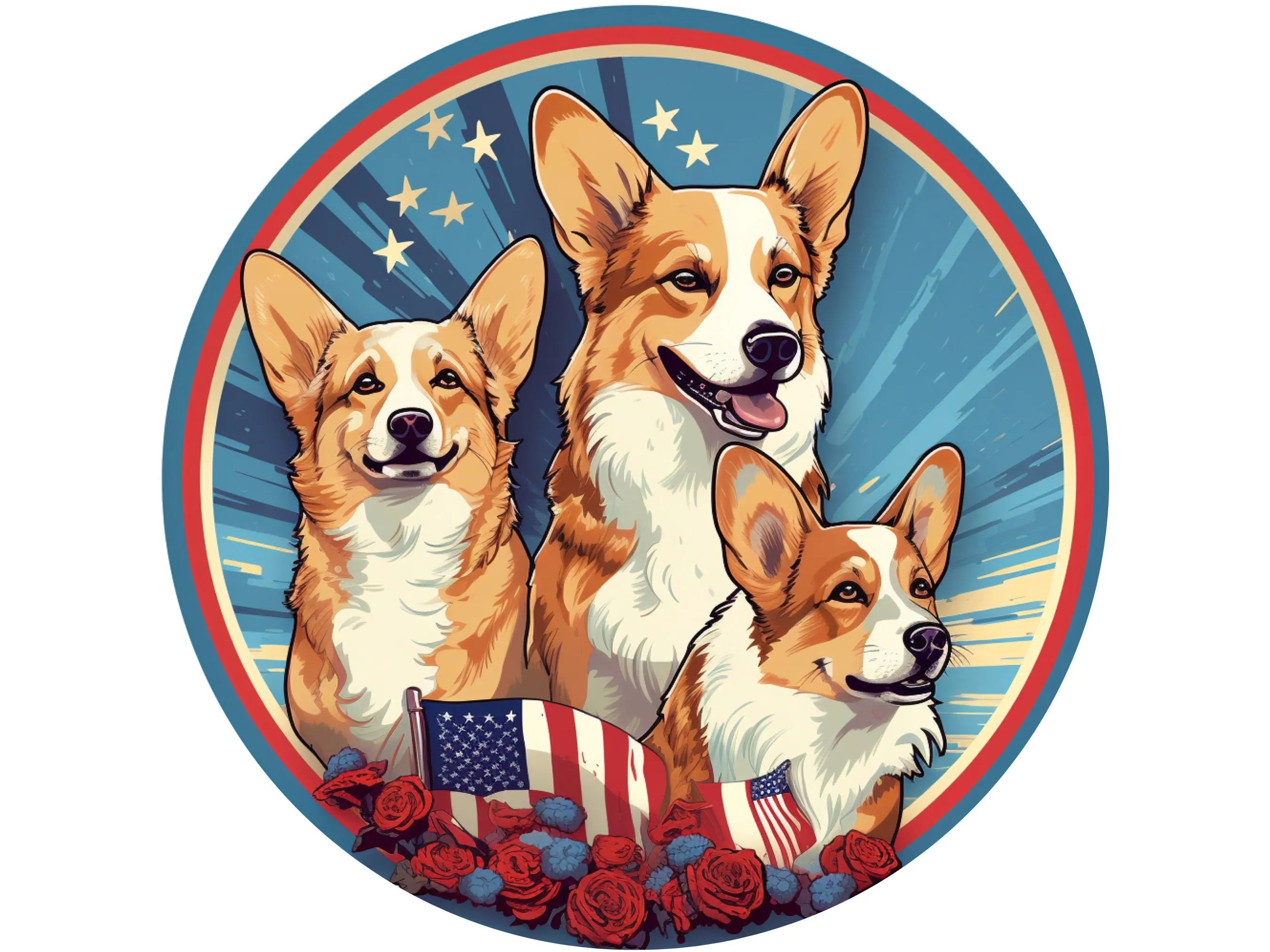 retro 4th of July American Flag Corgi metal wreath sign with roses, Patriotic Corgis Stars and Stripes Wall Art