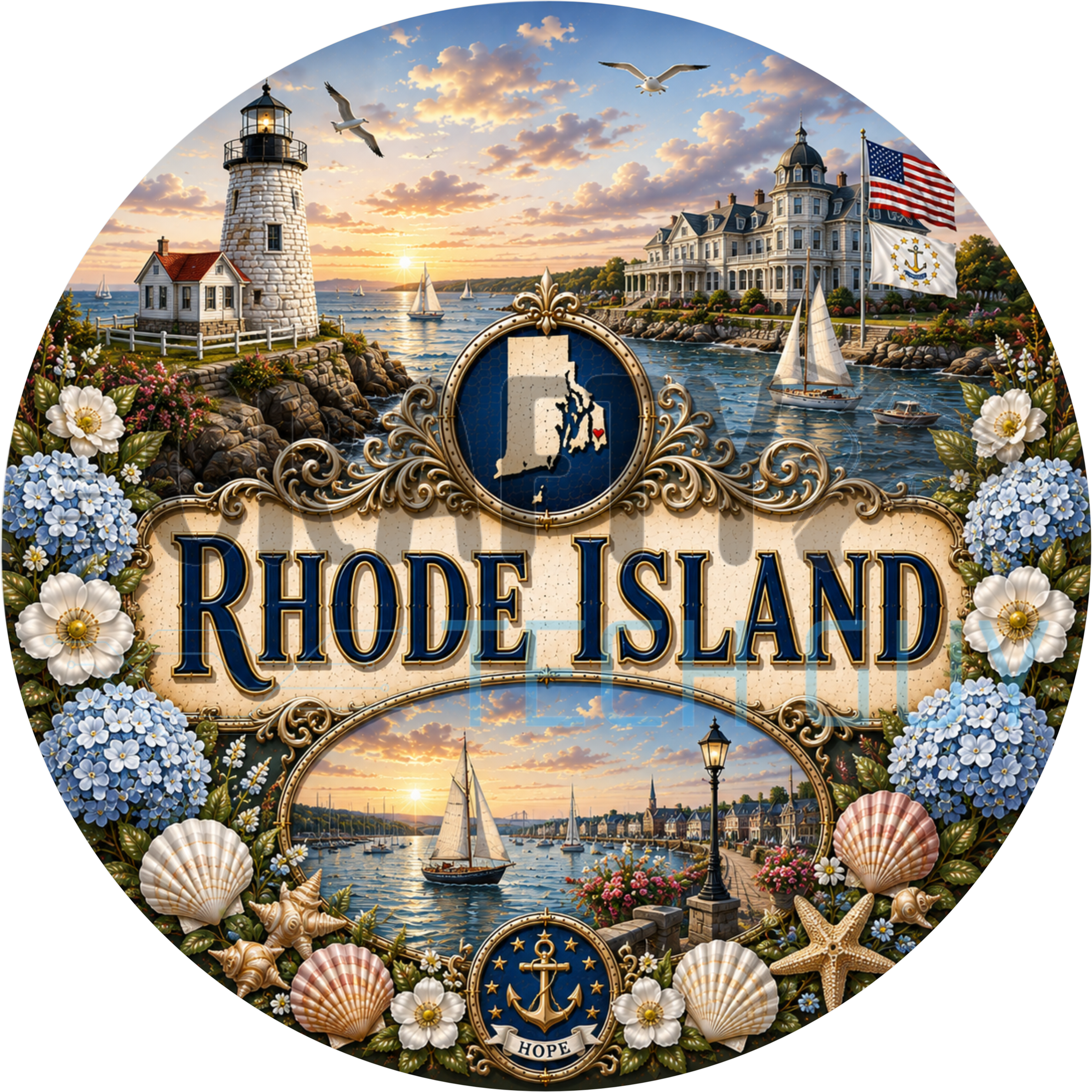 Rhode Island round wreath sign in coated aluminum, showing a navy anchor, blue hydrangeas, a lighthouse and Newport harbor