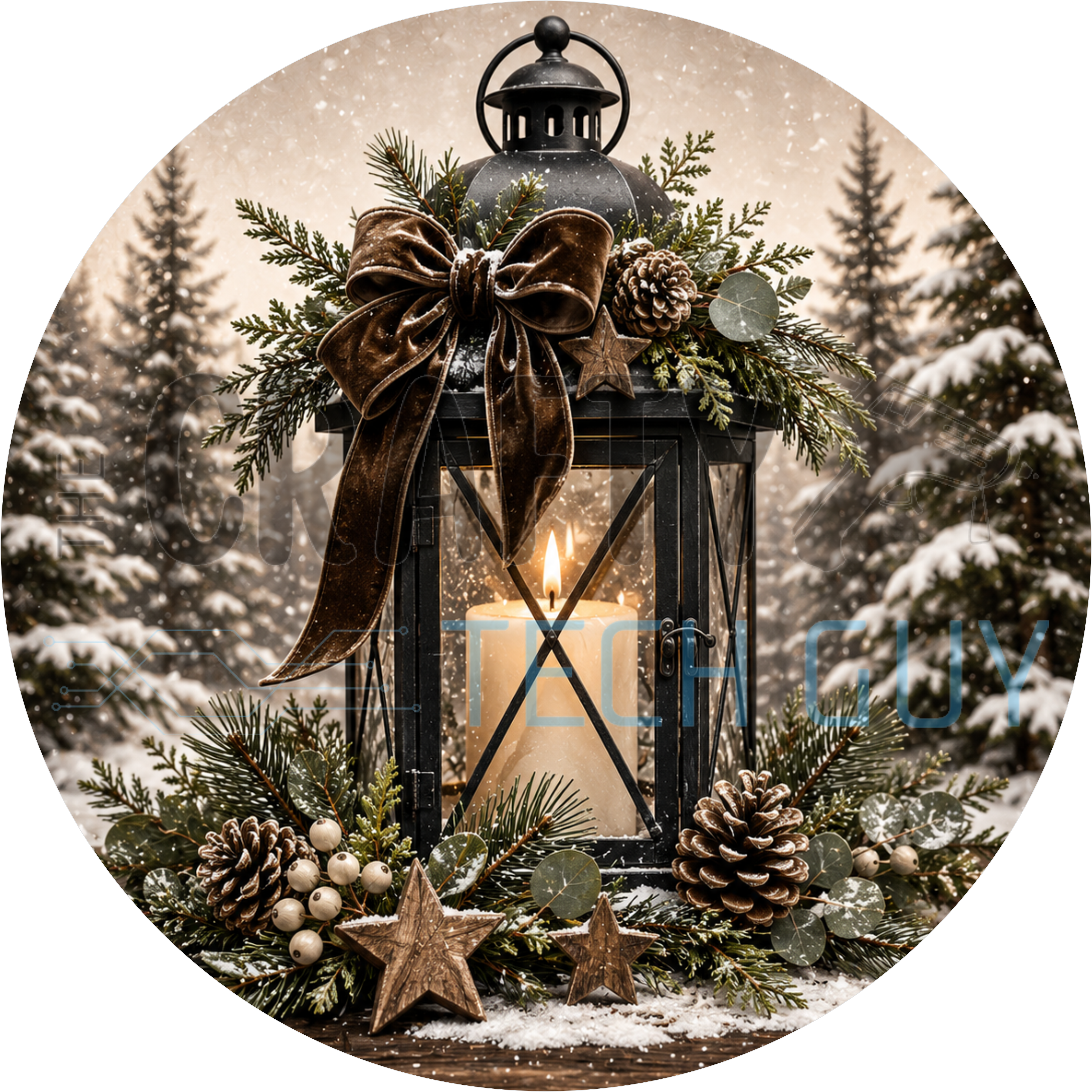 Rustic Christmas round sign with black lantern, lit candle, chocolate velvet bow, pinecones and eucalyptus in a snowy forest