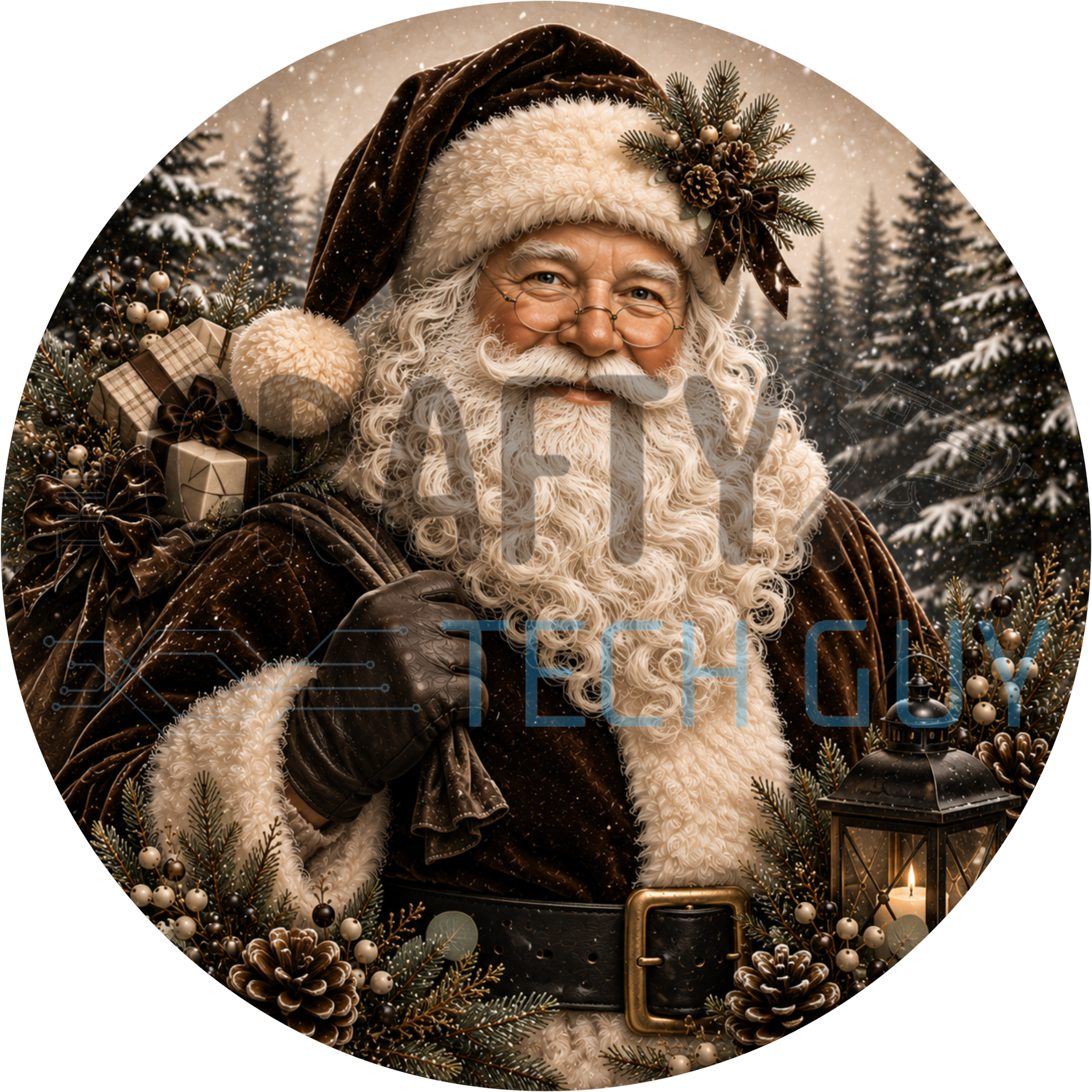 Rustic Santa Claus round sign with chocolate velvet robe, cream fur trim, glasses, gift sack and lantern in a snowy pine forest