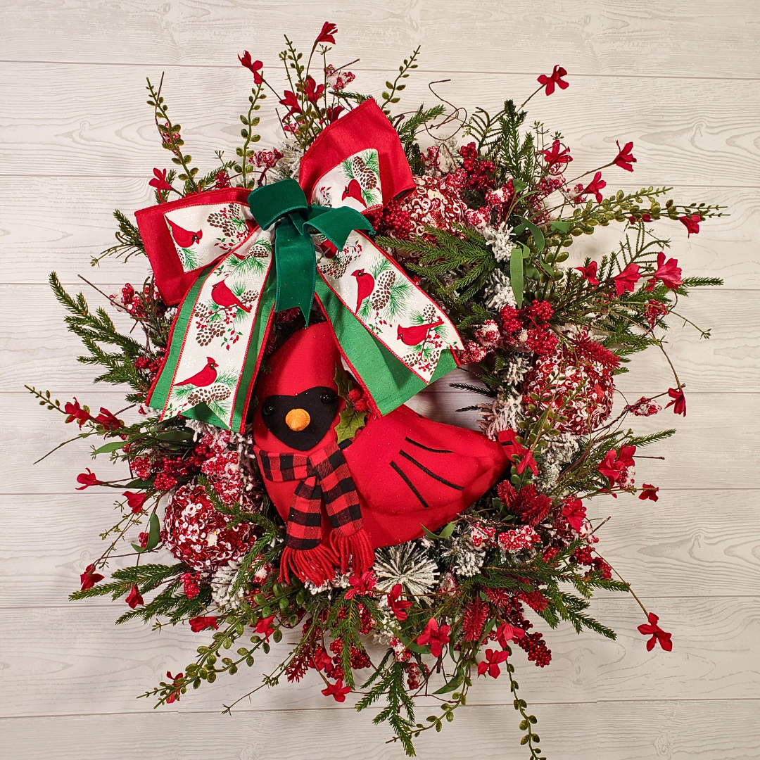Cardinal Christmas Wreath with Red Berry Greenery, Festive Bow, Winter Foliage, and Classic Holiday Charm