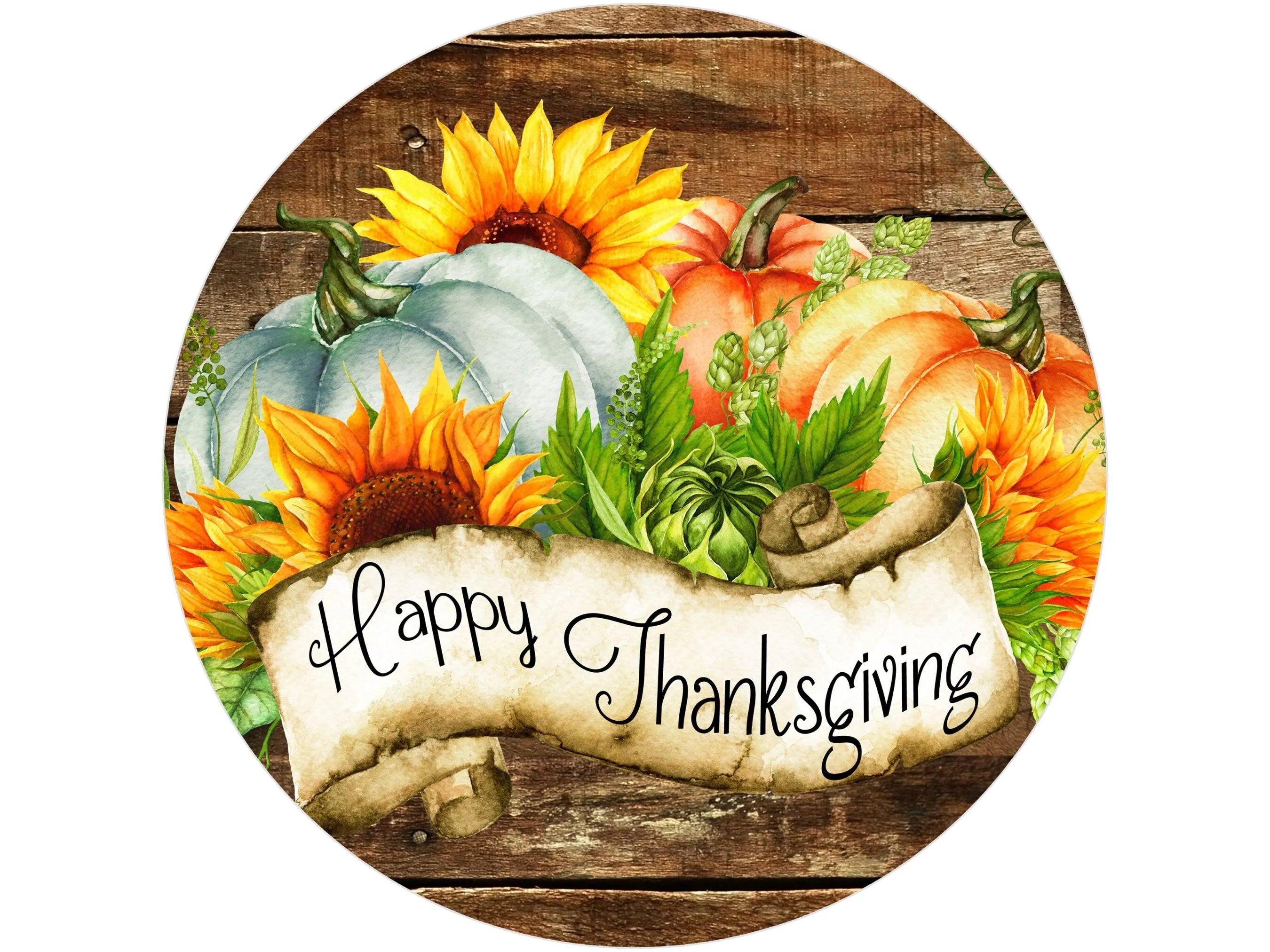 rustic barn wood Happy Thanksgiving pumpkins and sunflowers wreath sign