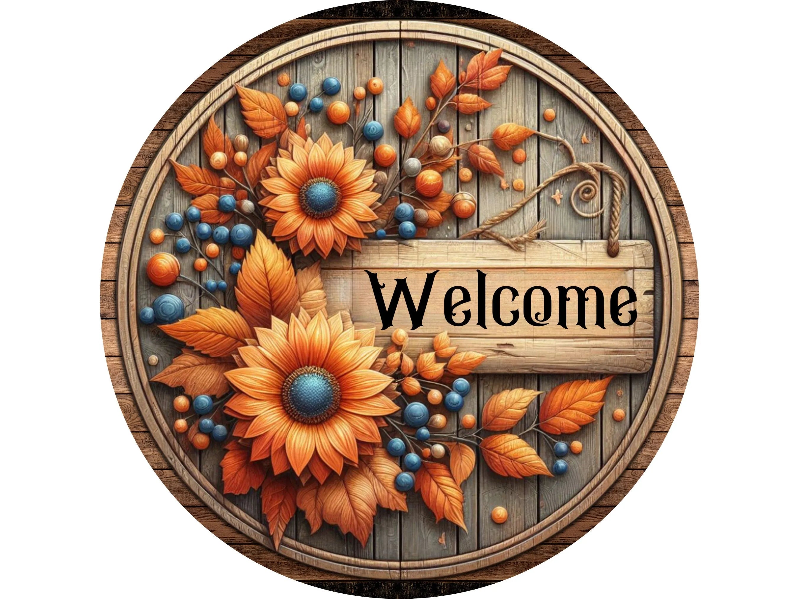 Rustic Barnwood Welcome Sign with Sunflowers, Fall Floral Wreath Accent, Farmhouse Decor for Front Door, Autumn Seasonal Home Decoration