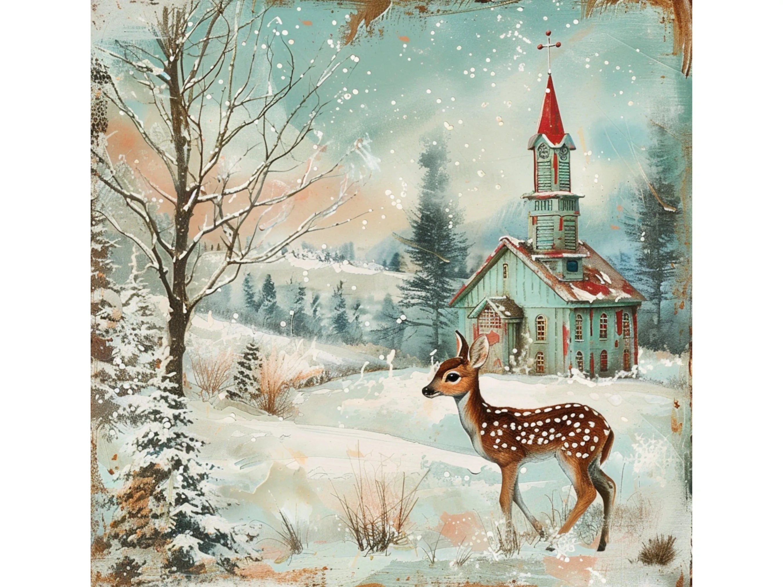 Rustic Christmas Church Scene Sign, Deer in Snowy Field Wall Art, Red Steeple Holiday Decor, Winter Church Sign, Metal Christmas Decor