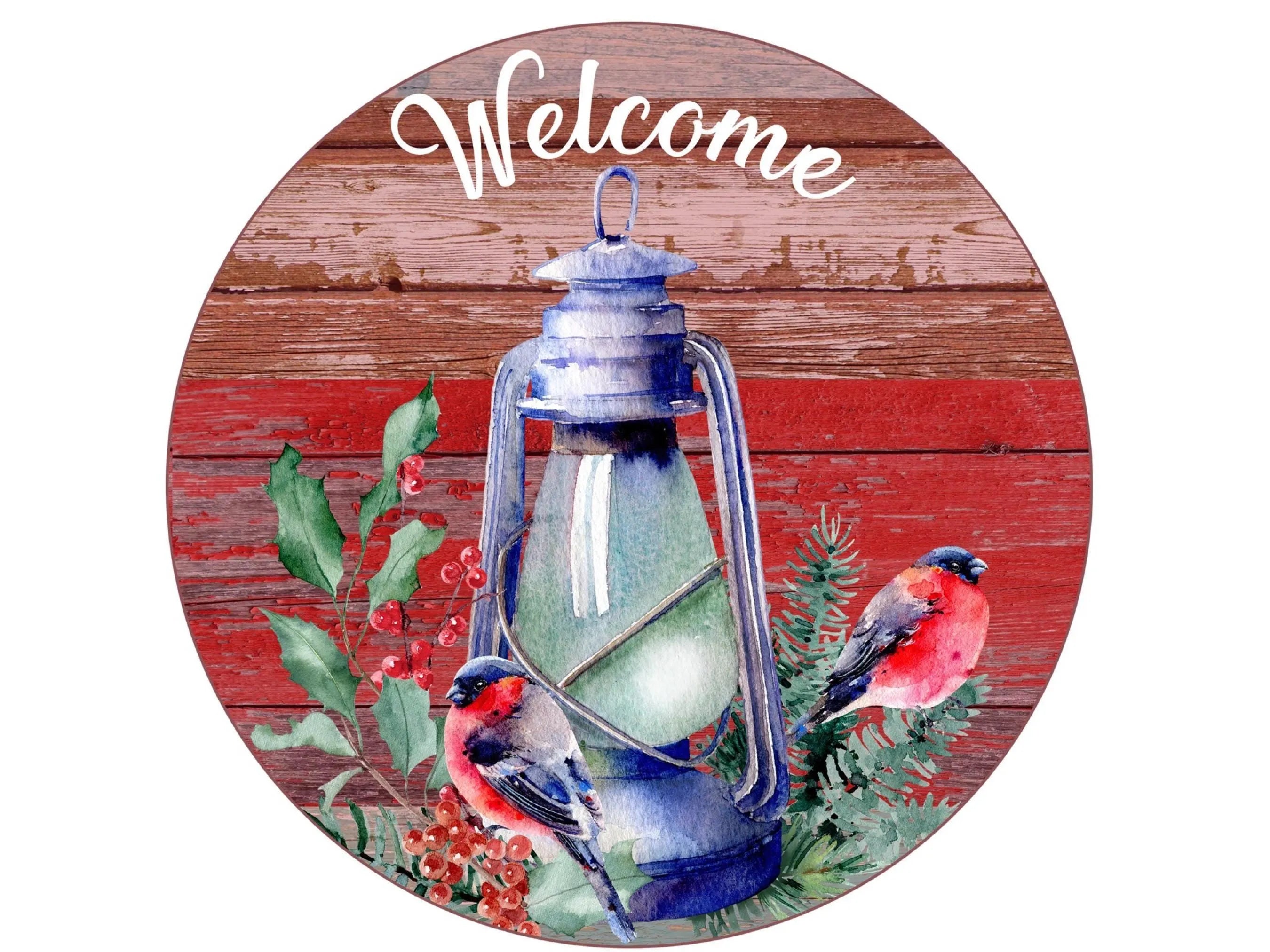 Rustic Christmas Lantern Sign with Birds | Farmhouse Holiday Décor | Vintage Red Barn Wall Art