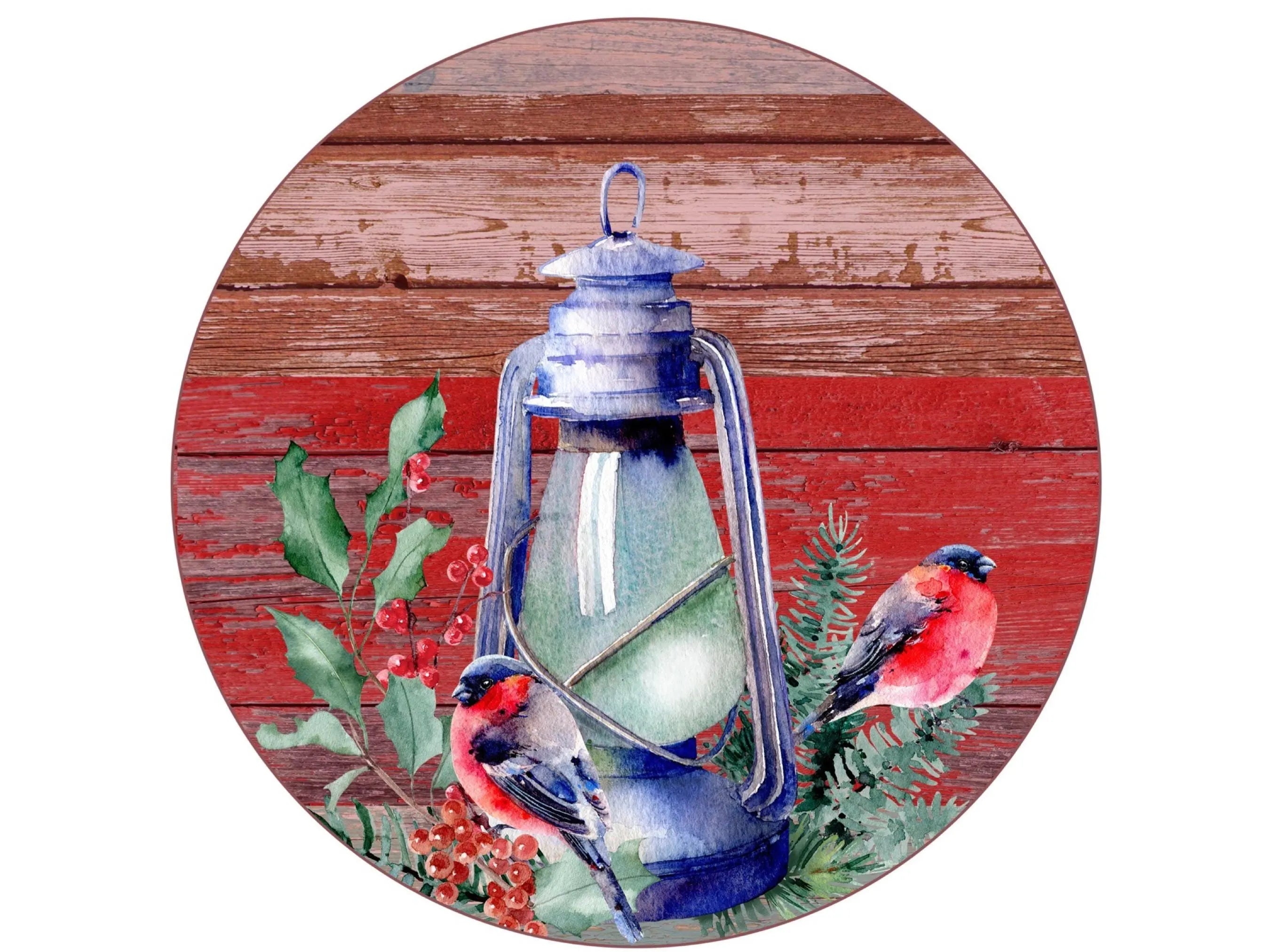 Rustic Christmas Lantern Sign with Birds | Farmhouse Holiday Décor | Vintage Red Barn Wall Art