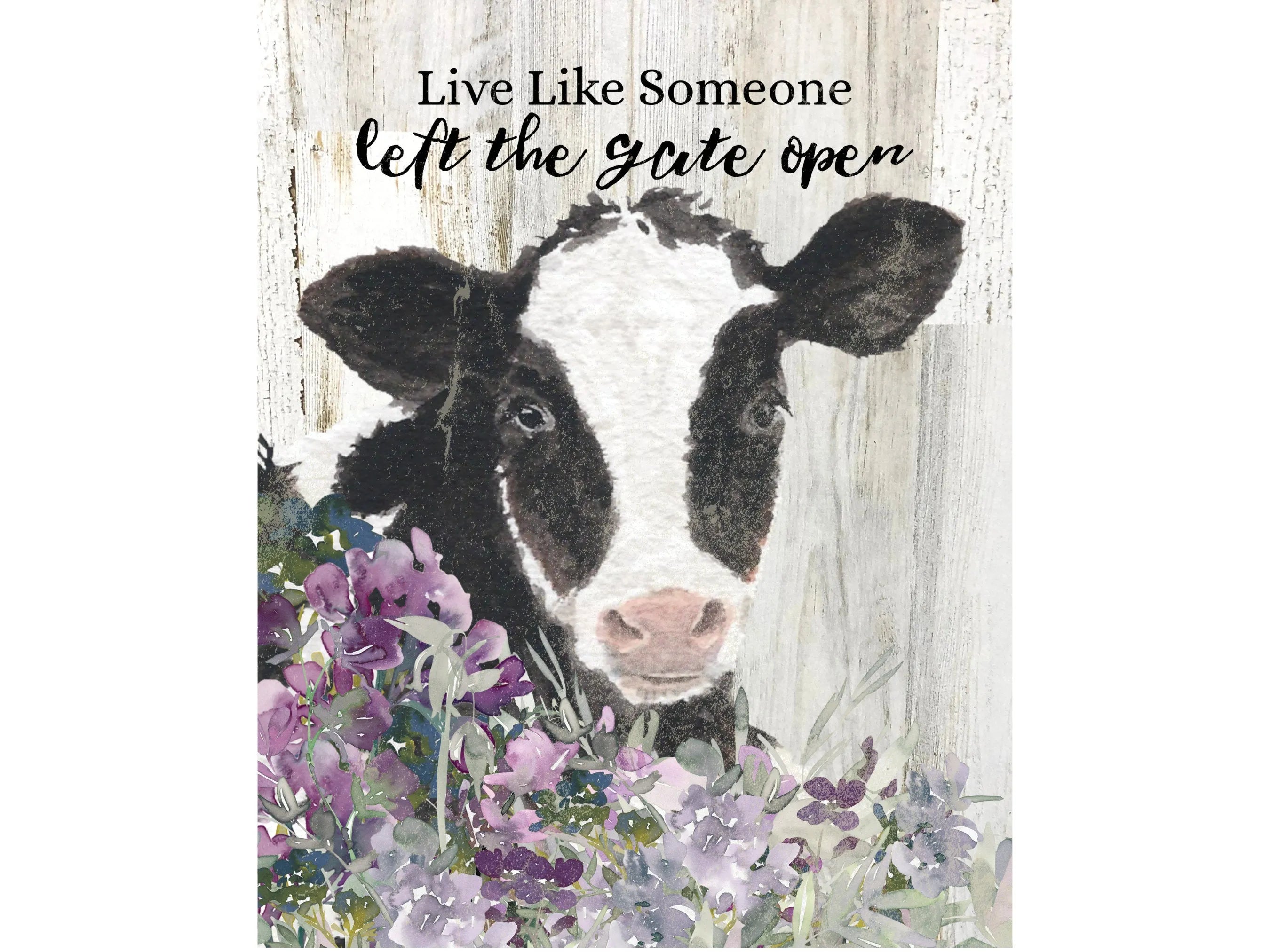 rustic farmhouse black and white cow with purple flowers sign, floral farm life wall art, inspirational saying cow wreath attachment