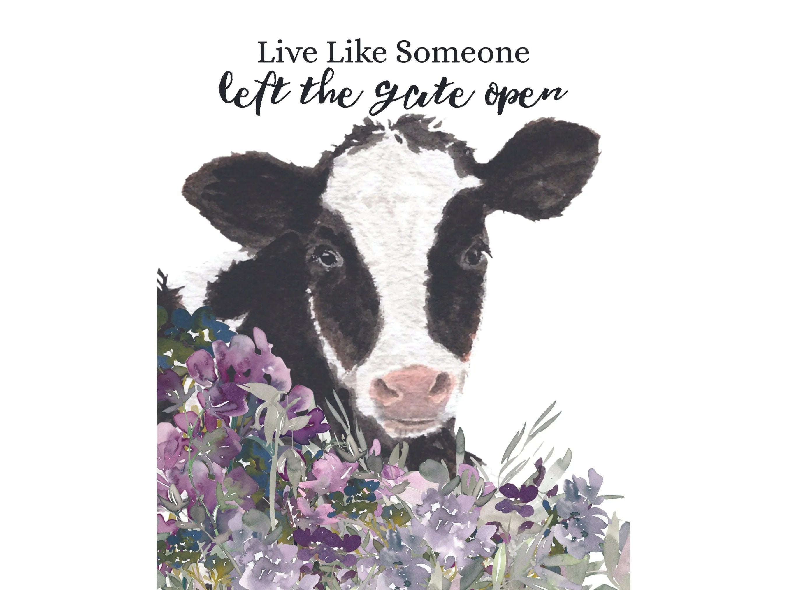 rustic farmhouse black and white cow with purple flowers sign, floral farm life wall art, inspirational saying cow wreath attachment