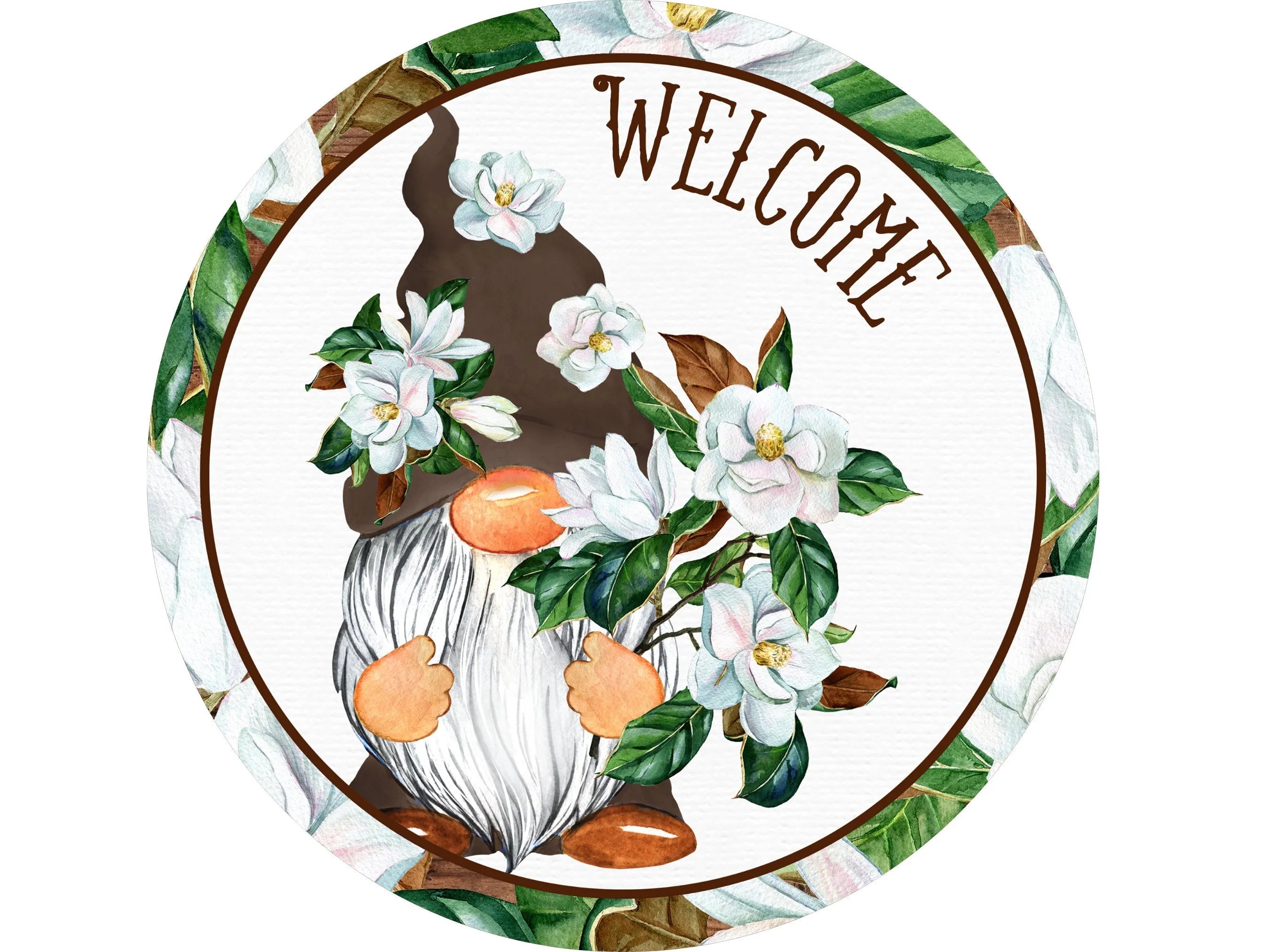 rustic farmhouse gnome magnolia wreath sign, southern magnolia welcome wall art, gnome holding magnolias wreath attachment