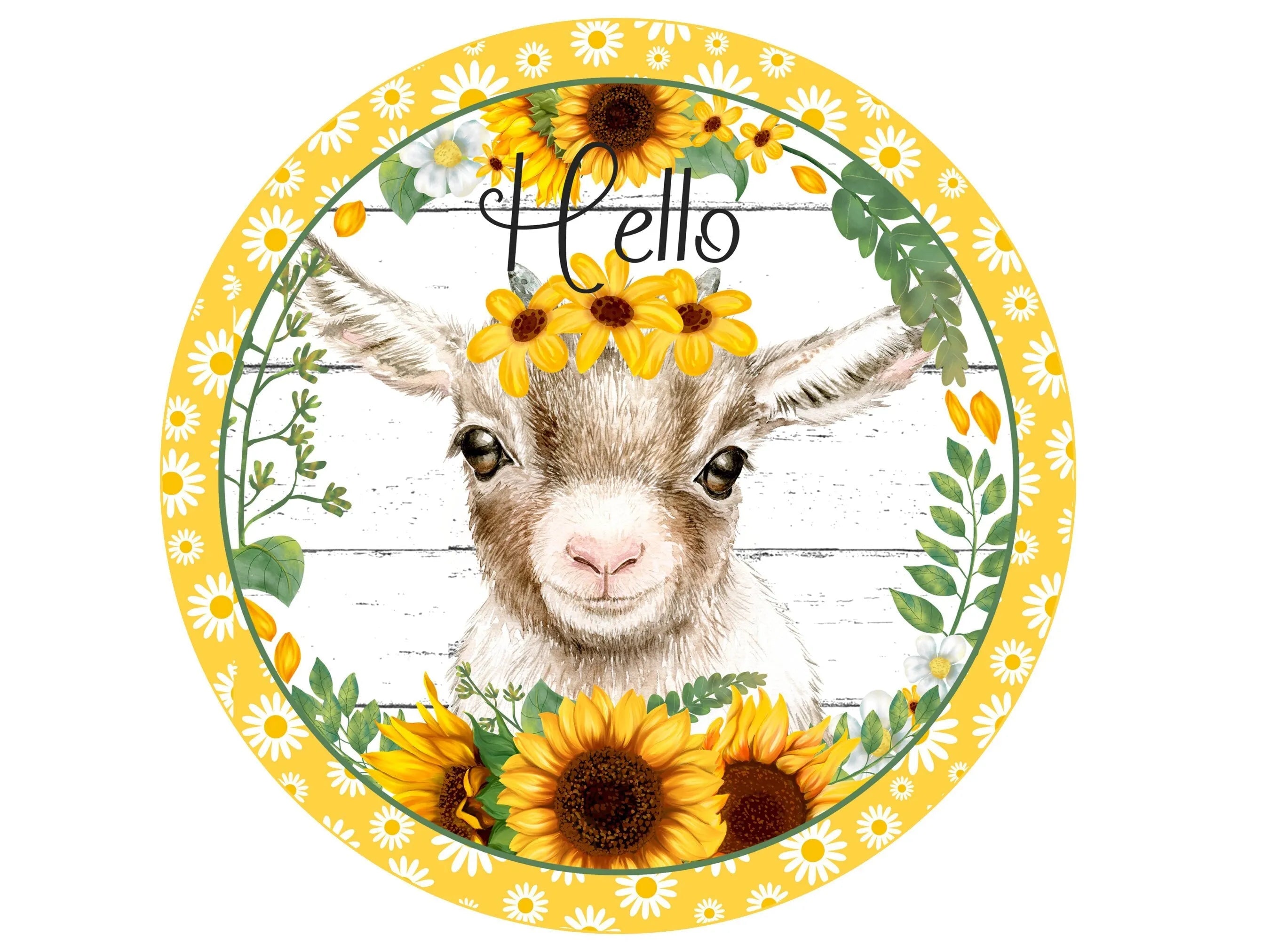 rustic farmhouse sunflower goat welcome sign, yellow and white shiplap goal wall art, floral farm life decoration