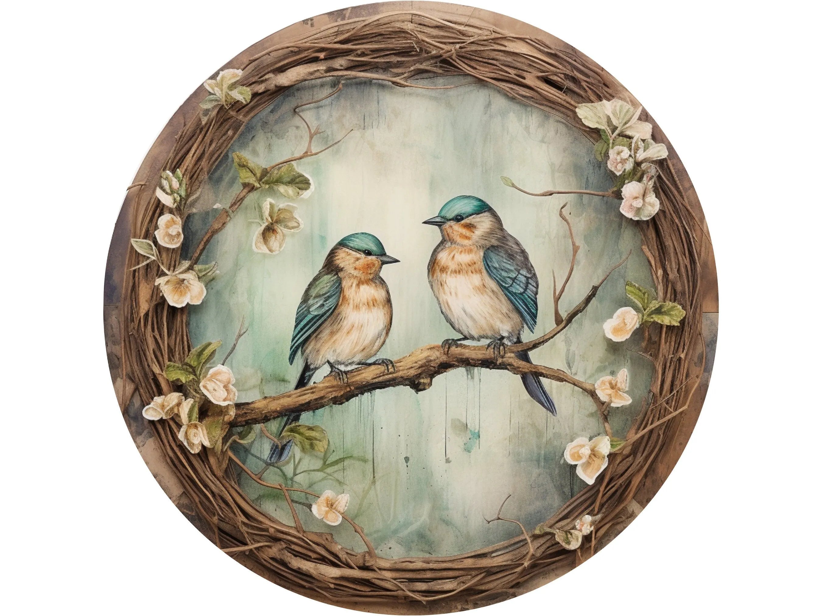 rustic floral blue love birds on branch wreath sign, woodland birds in forest wall art, farmhouse sign for March