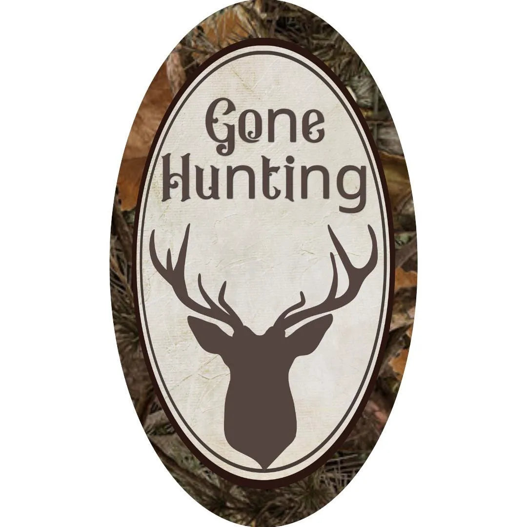 Rustic Gone Hunting Camouflage Sign for Cabin Decor | Deer Head Oval Wall Art for Man Cave | Outdoor Lodge Hunting Gift