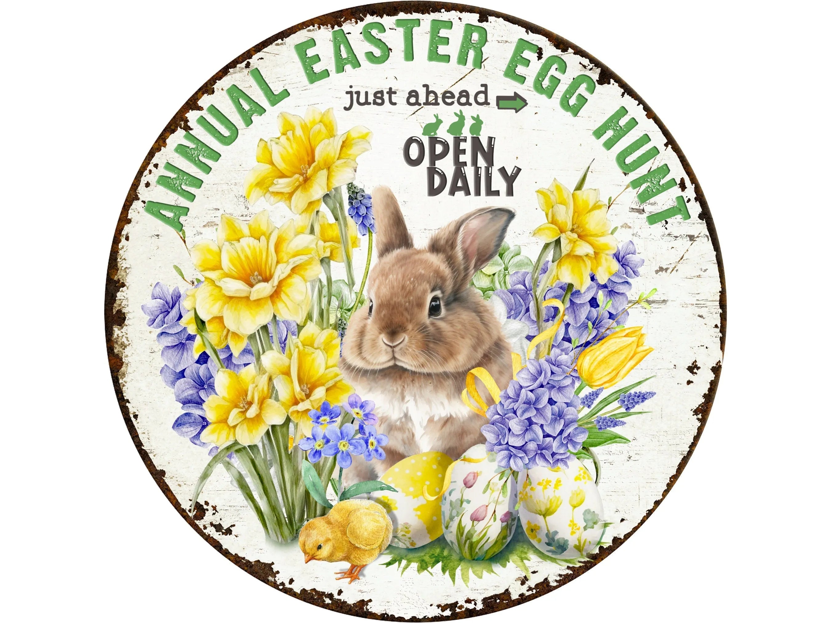 rustic grungy floral spring brown bunny sign, rusty little bunny wall art with yellow daffodils