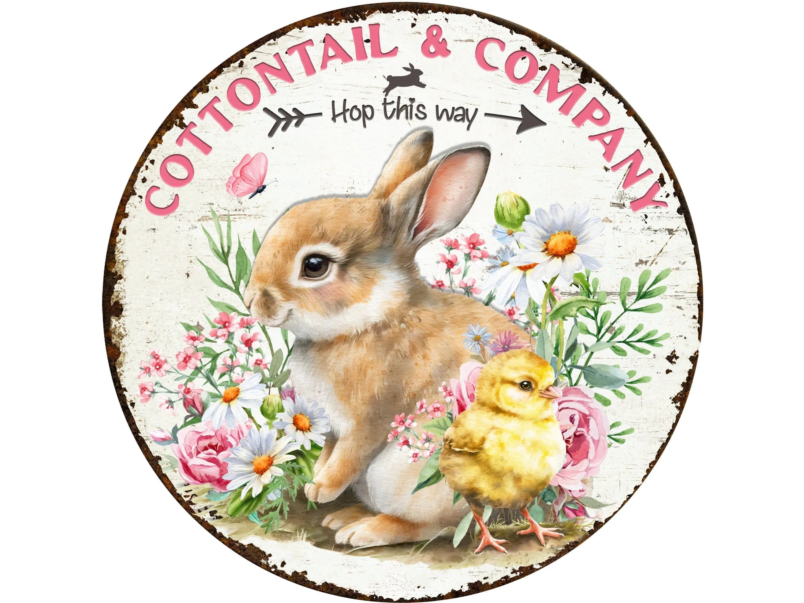 rustic grungy floral spring brown bunny and chick sign, rusty little bunny wall art with wild flowers