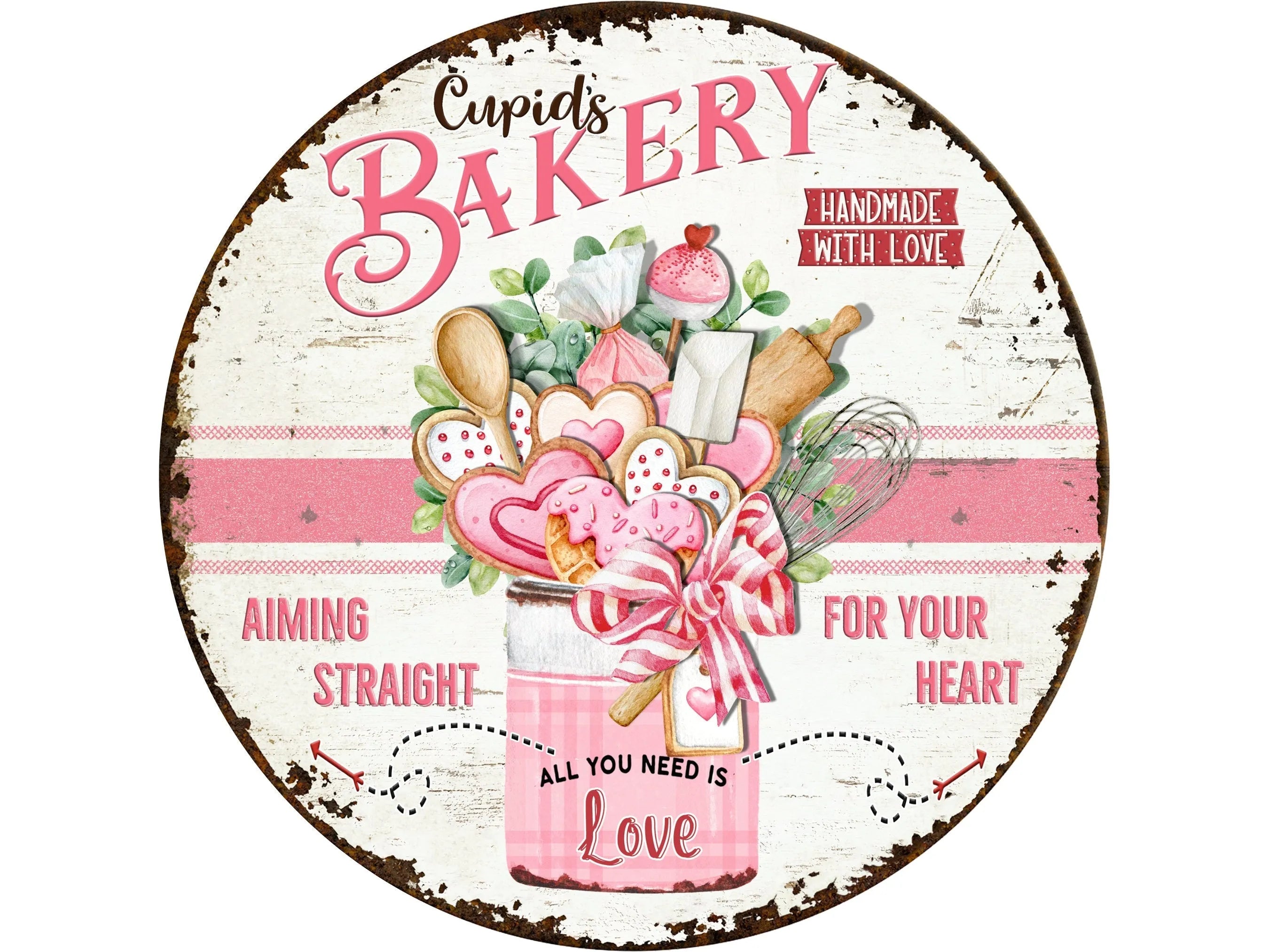 rustic grungy Valentine's day cookie bouquet metal wreath sign, sign for February, pink heart cookies and baking tools wreath attachment