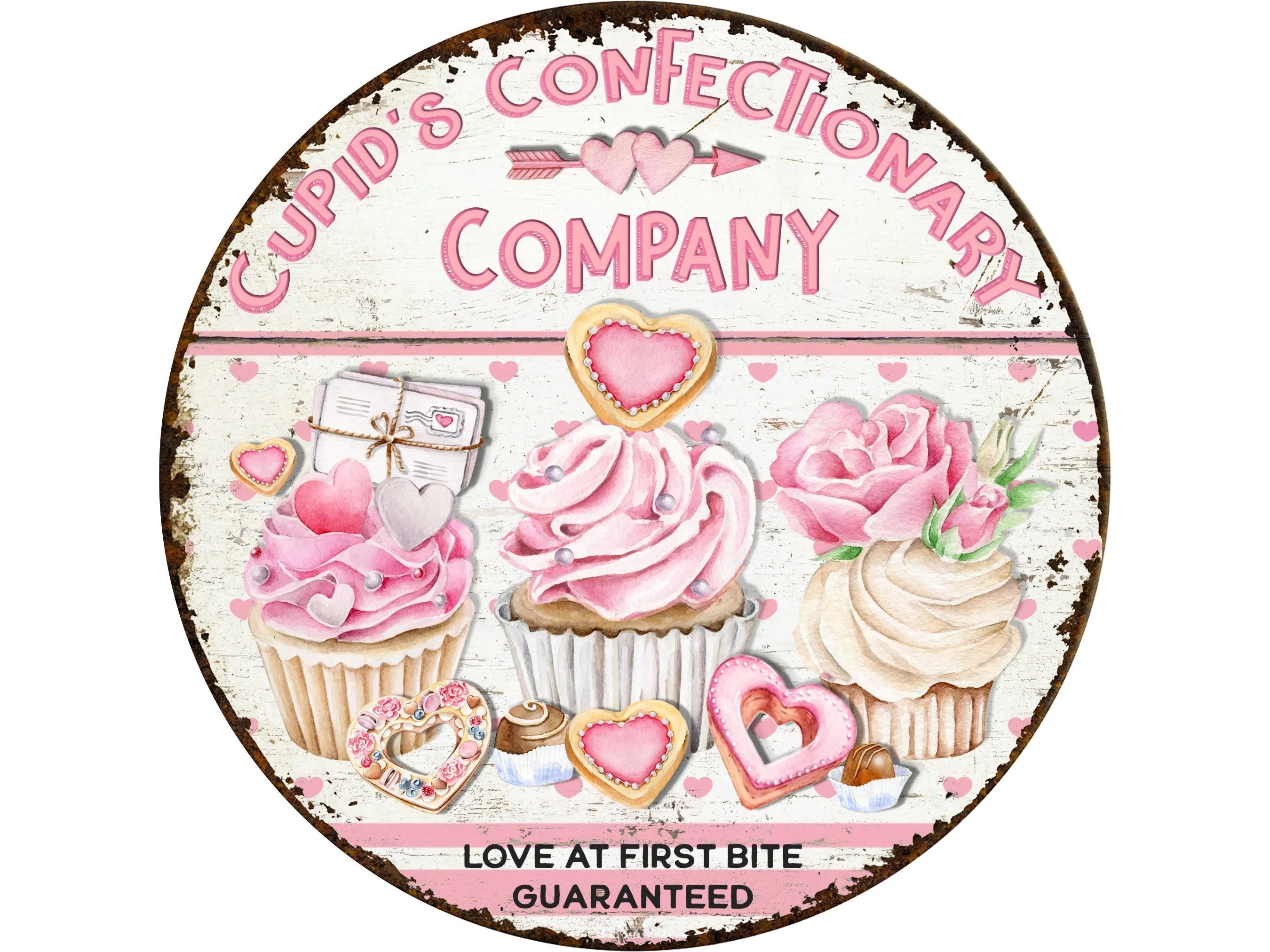 rustic grungy Valentine's day cupcake metal wreath sign, sign for February, pink heart cookies and frosting wreath attachment