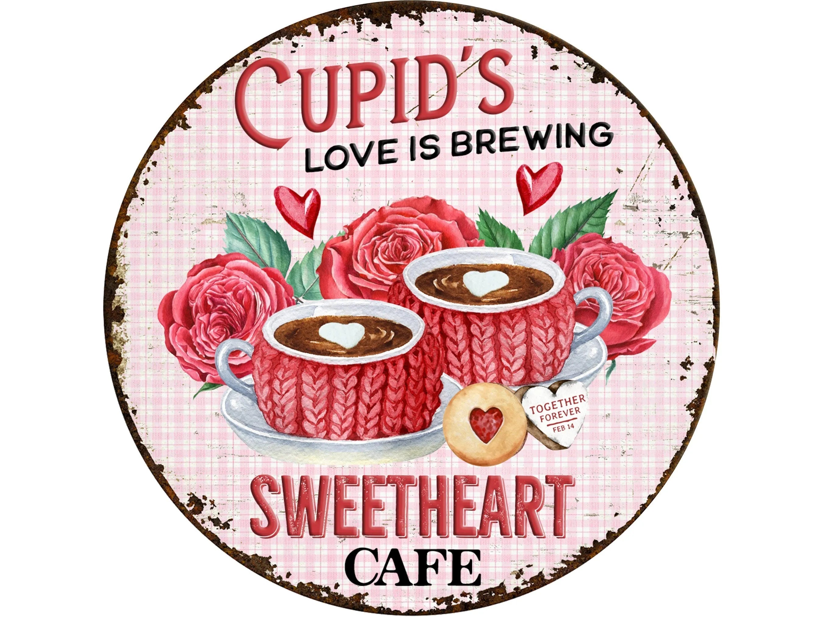 rustic grungy Valentine's day cupid coffee metal wreath sign, sign for February, pink heart cookies and red roses wreath attachment