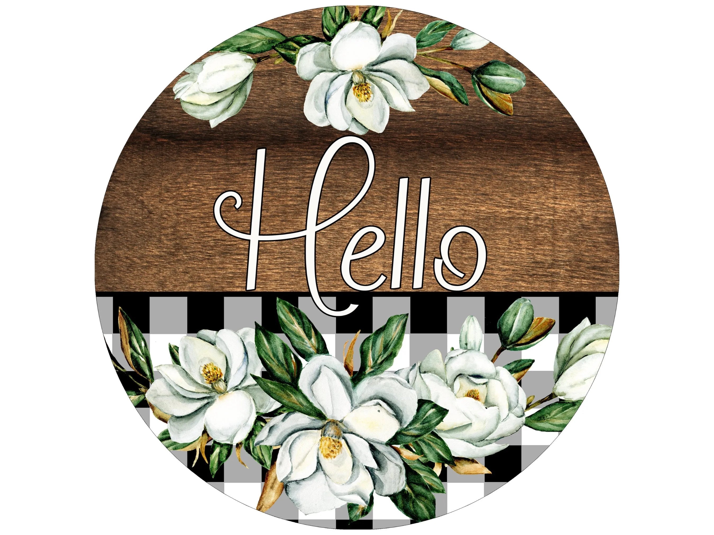 rustic hello southern magnolia wreath sign, woodgrain country magnolia wreath attachment, southern magnolia hello wall art